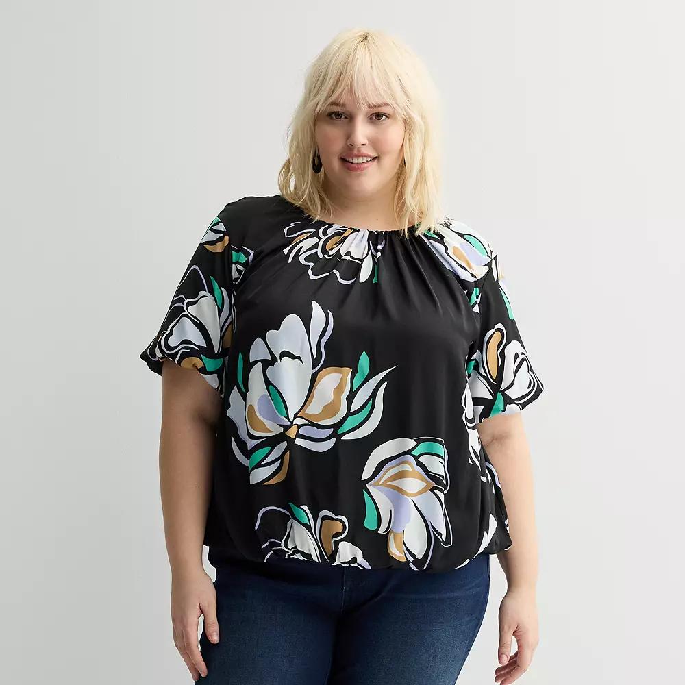 Plus Size Nine West Bubble Hem Blouse, Women's, Size: 3XL, Black Olivia Floral Product Image