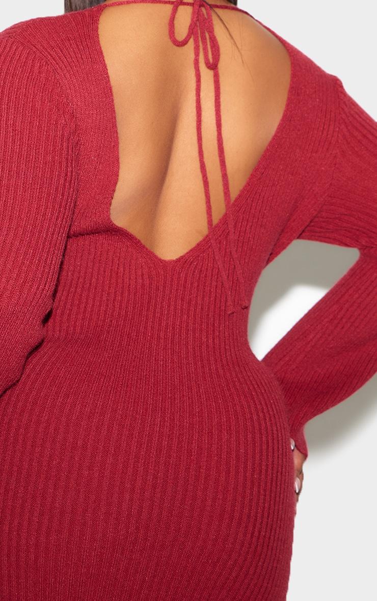 Plus Burgundy Rib Knit Low Back Long Sleeve Maxi Dress Product Image