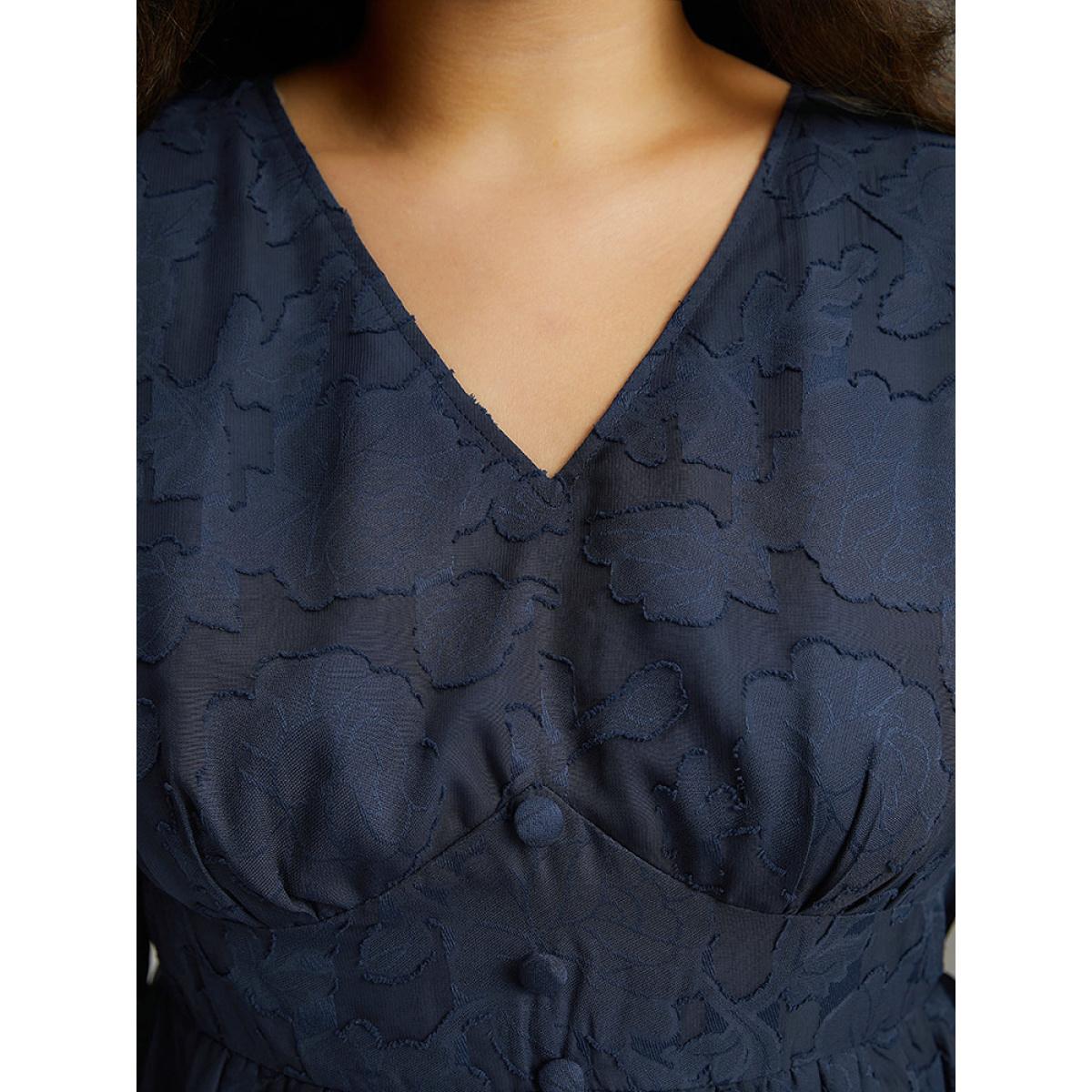 Plus Size Indigo Floral Mesh Elastic Waist Button Detail Blouse Women Glamour Long Sleeve V-neck Going out Blouses BloomChic 26/4X Product Image