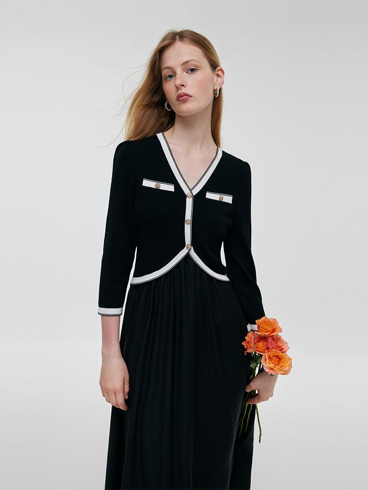 Contrast Trim Knitted Patchwork Women Midi Dress Product Image