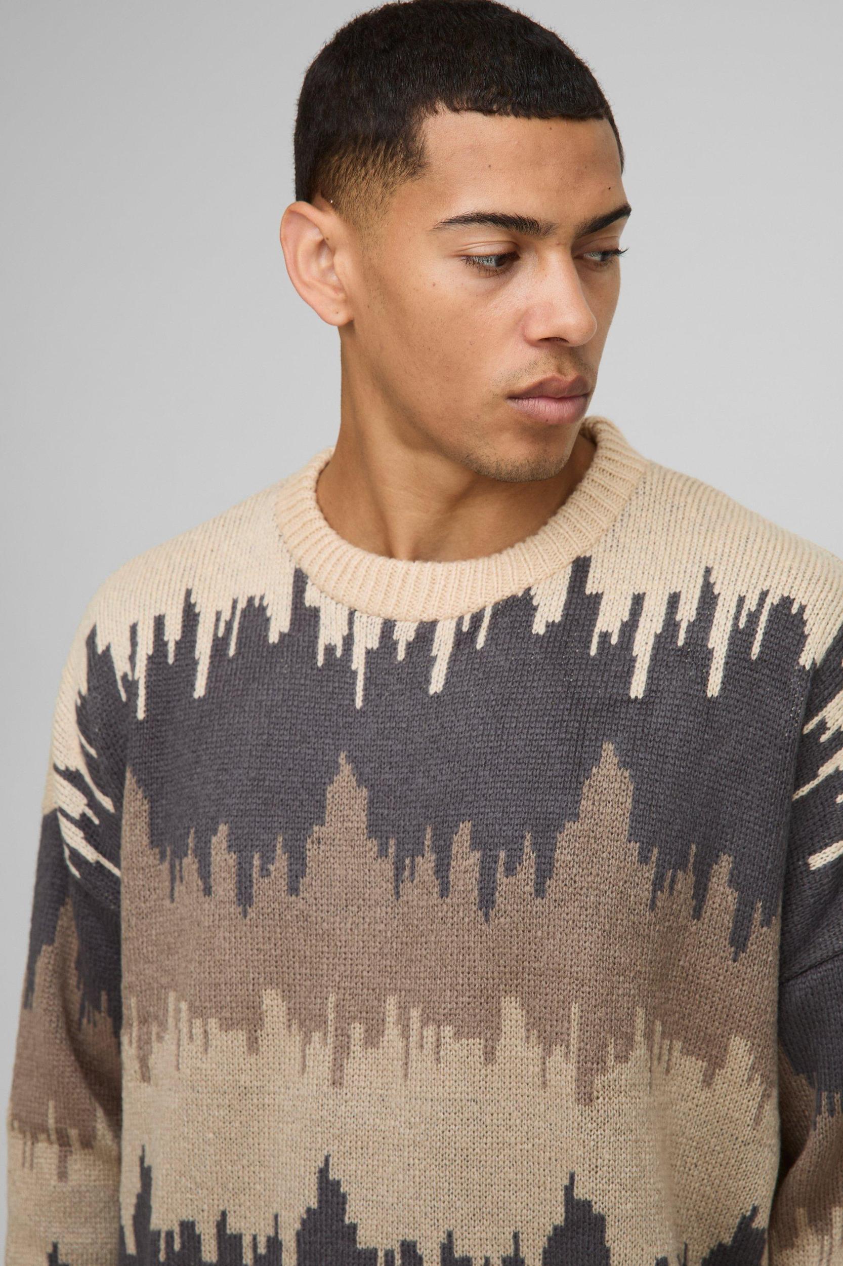 Oversized Boxy Dropped Shoulder Brushed Abstract Knitted Sweater | boohooMAN USA Product Image