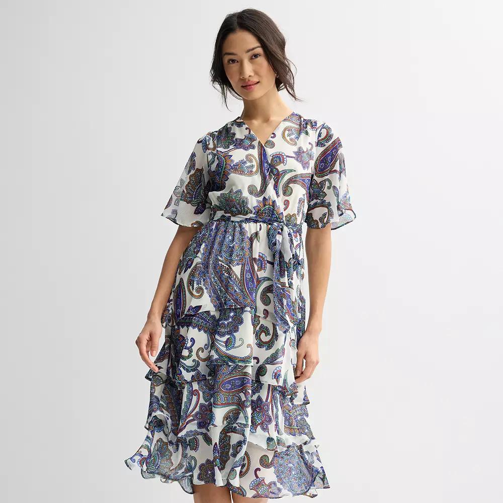 Women's Sandra Darren Surplice Flutter Tiered Midi Dress,  Product Image