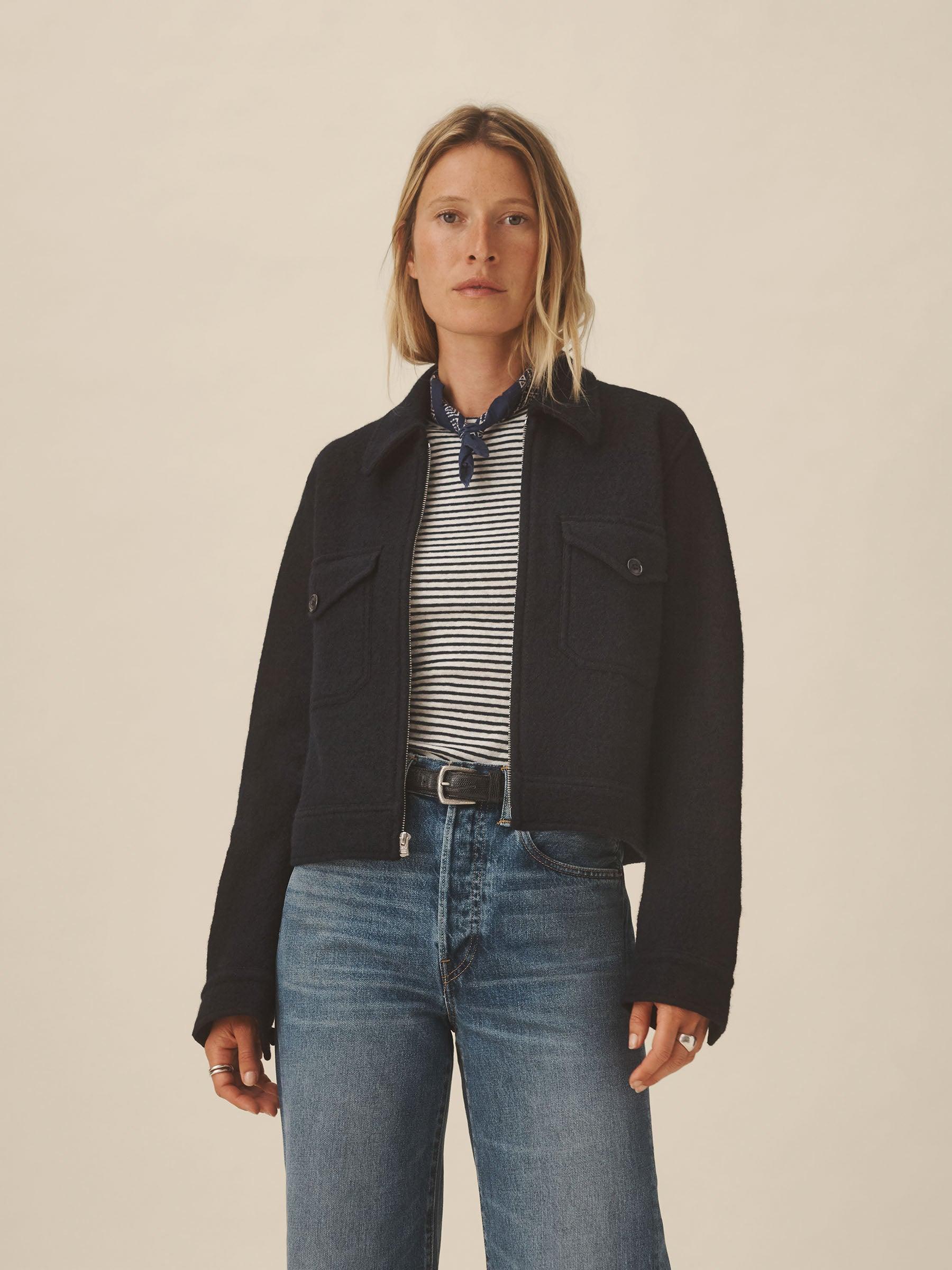 Navy Felted Wool Rider Jacket Product Image