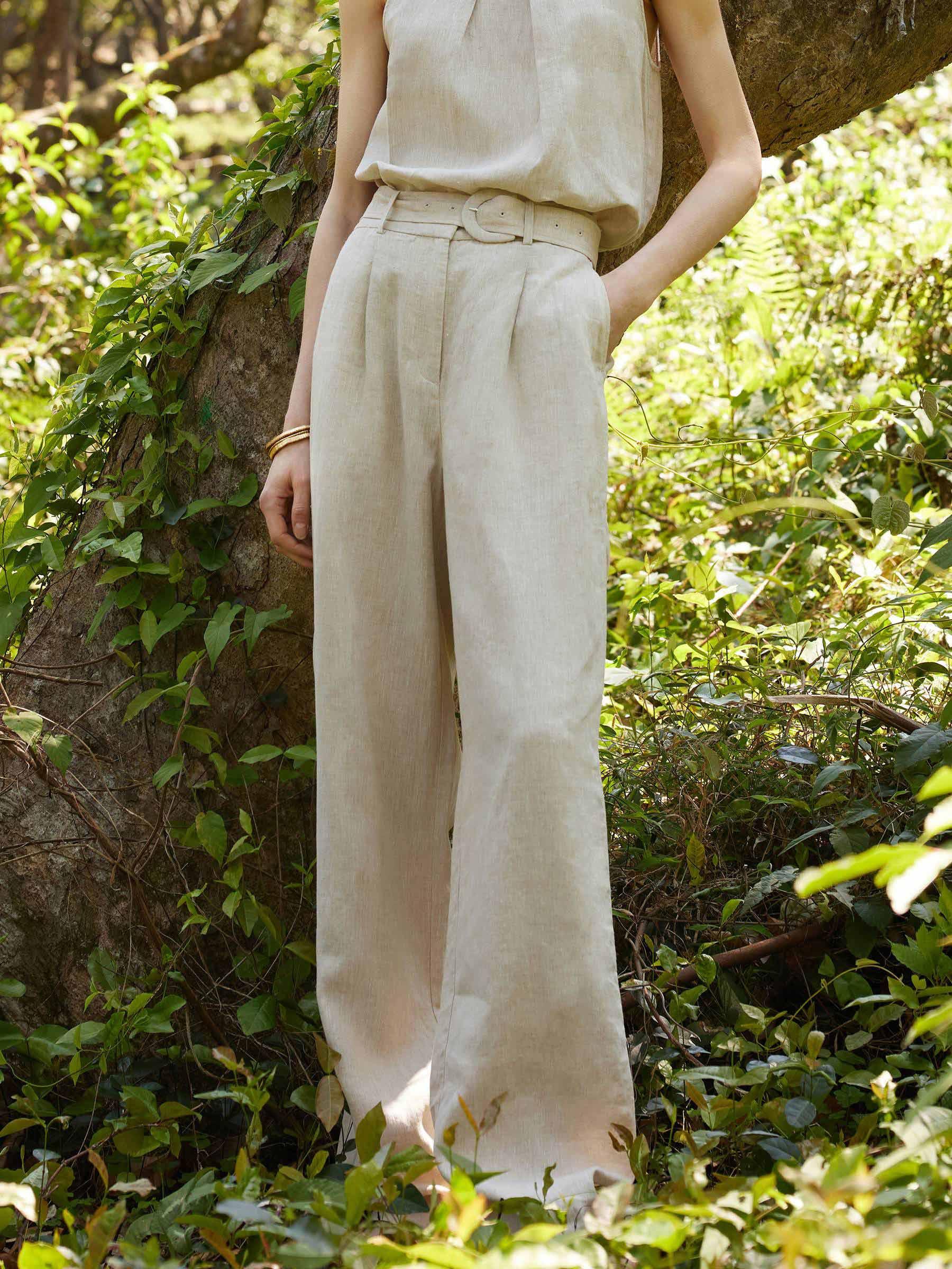 100% Linen Women Straight Leg Pants With Belt Product Image