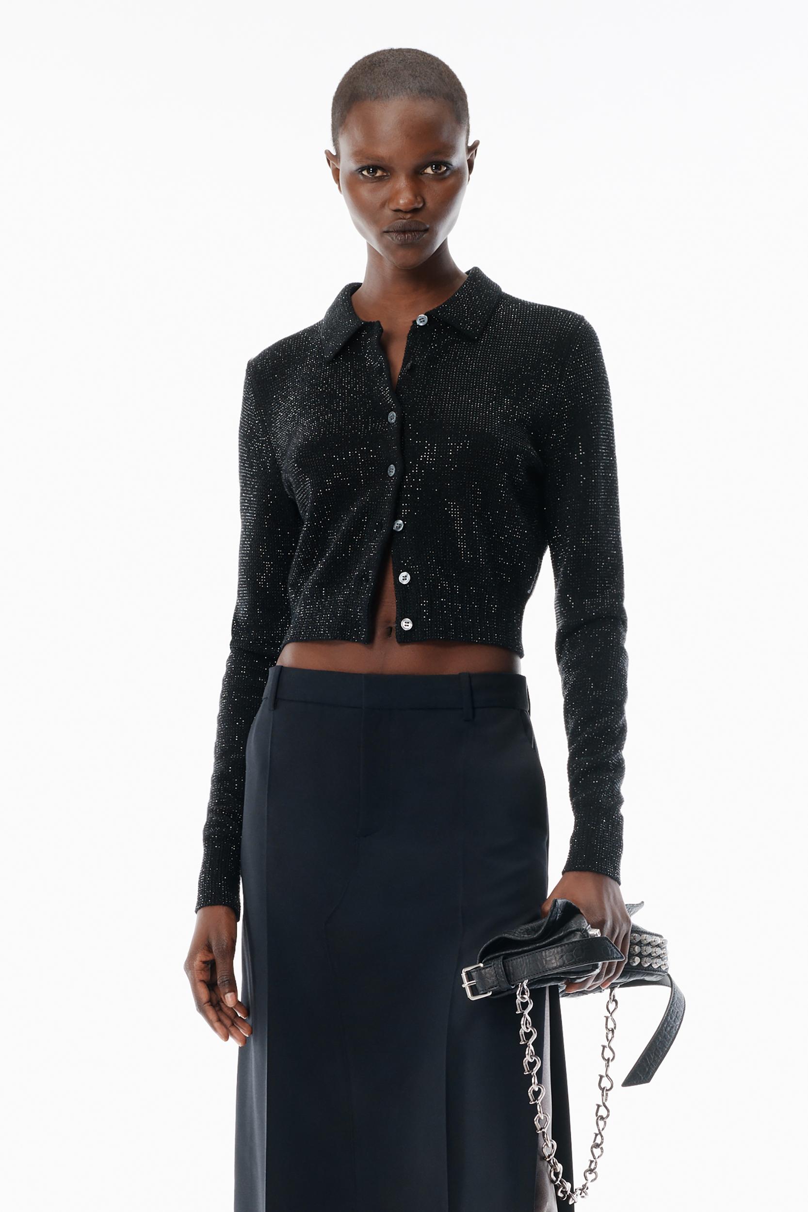 Black Wool-blend Hotfix Polo Cardigan Product Image