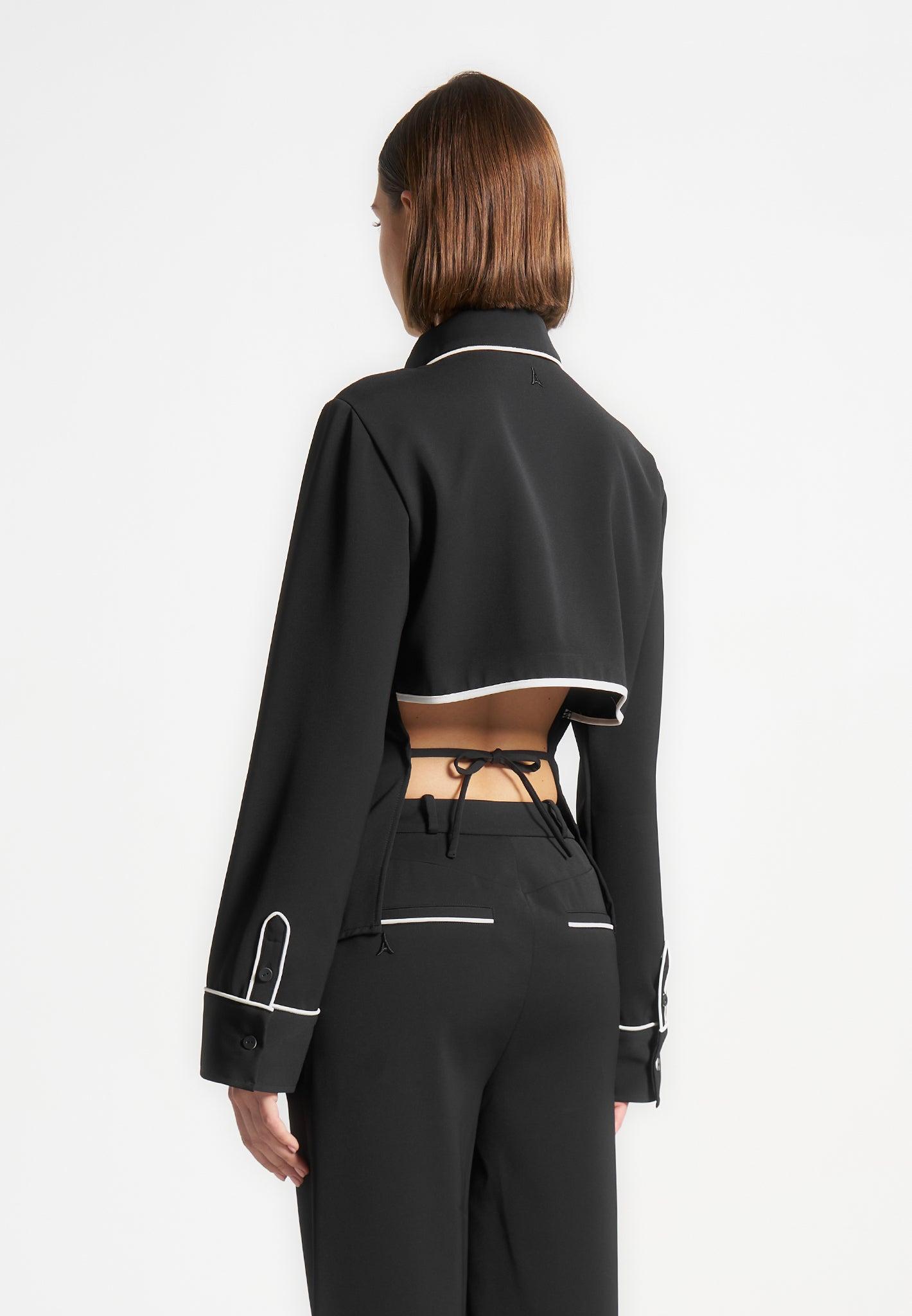 Contrast Piped Backless Tie Shirt - Black/White Female Product Image
