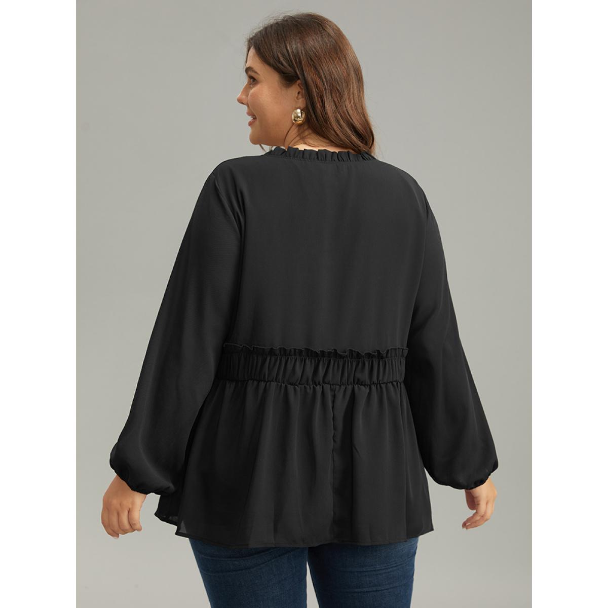 Plus Size Black Anti-Wrinkle Plain Shirred Frill Trim Gathered Tie Neck Blouse Women Casual Long Sleeve Tie Neck Everyday Blouses BloomChic 18-20/2X Product Image