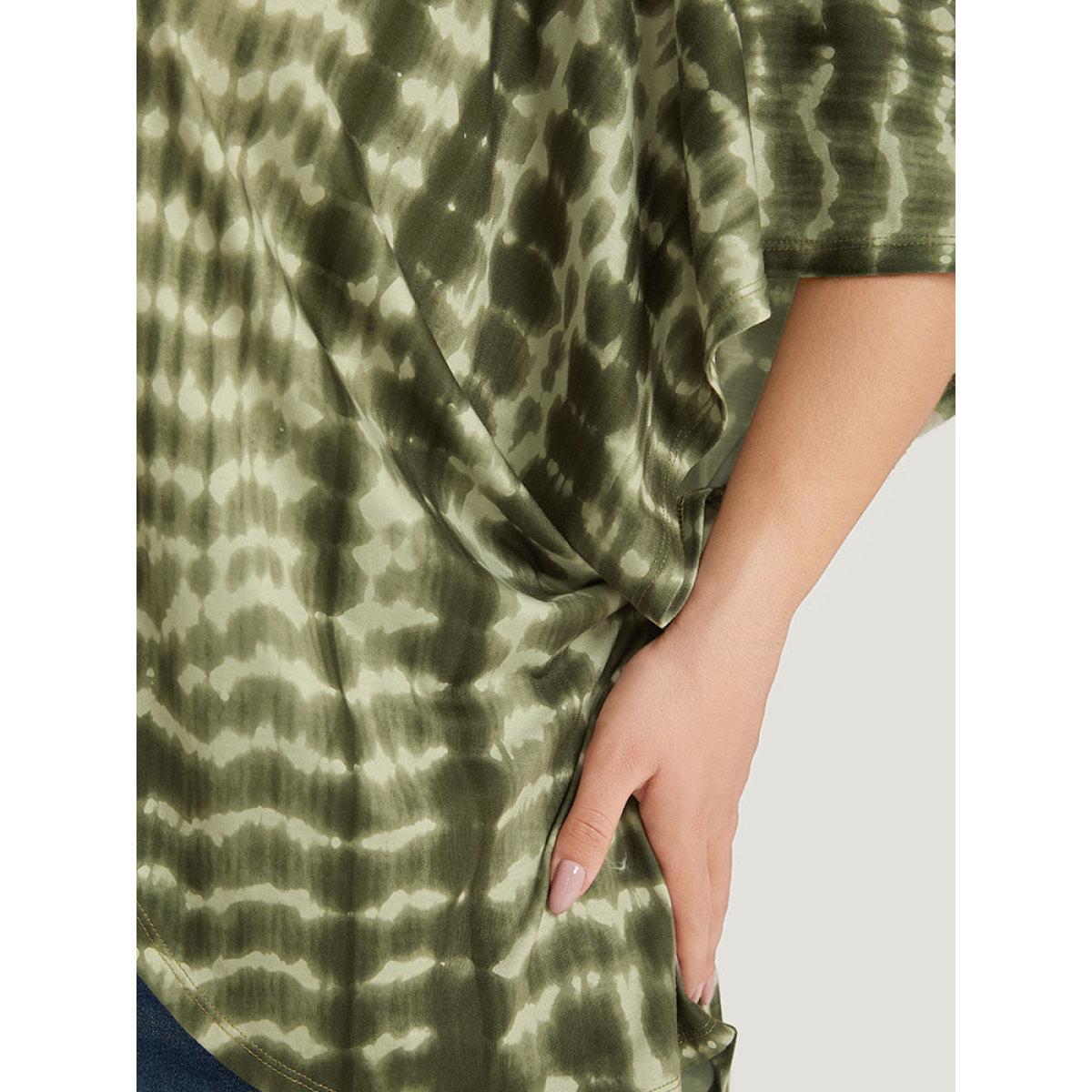 Plus Size Tie Dye Ruffle Sleeve Asymmetrical Hem Kimono Women ArmyGreen Casual Tie Dye Loose Dailywear Kimonos BloomChic 28/5X Product Image