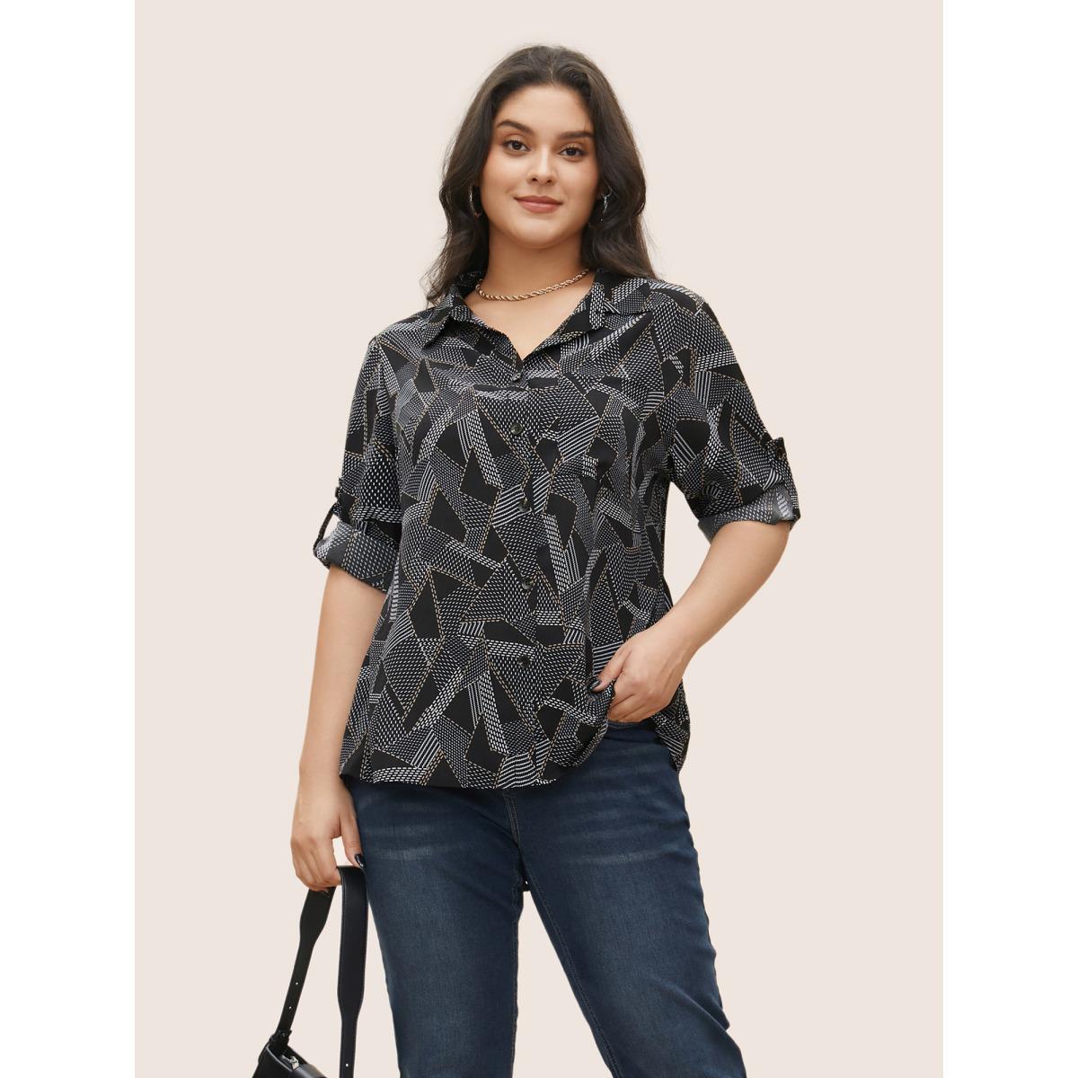 Plus Size Black Shirt Collar Geometric Tab Sleeve Blouse Women At the Office Elbow-length sleeve Shirt collar Work Blouses BloomChic 12/L Product Image