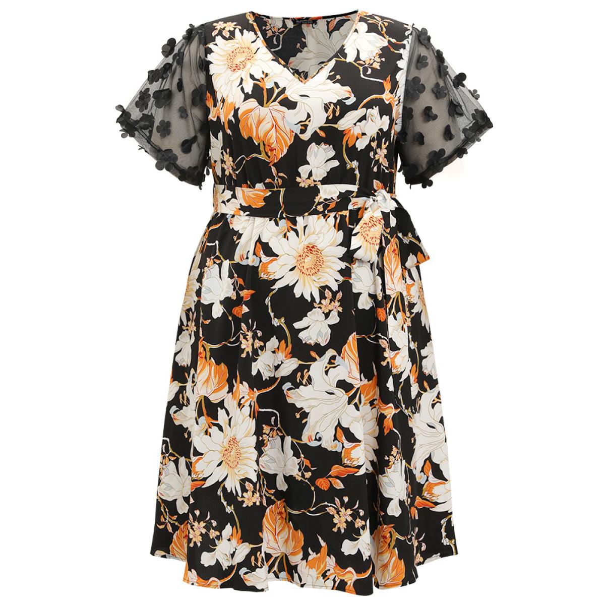 Plus Size Floral Print Mesh Pocket Belted Patchwork Dress Black Women Glamour Belted V-neck Short sleeve Curvy Knee Dress BloomChic 28/5X Product Image