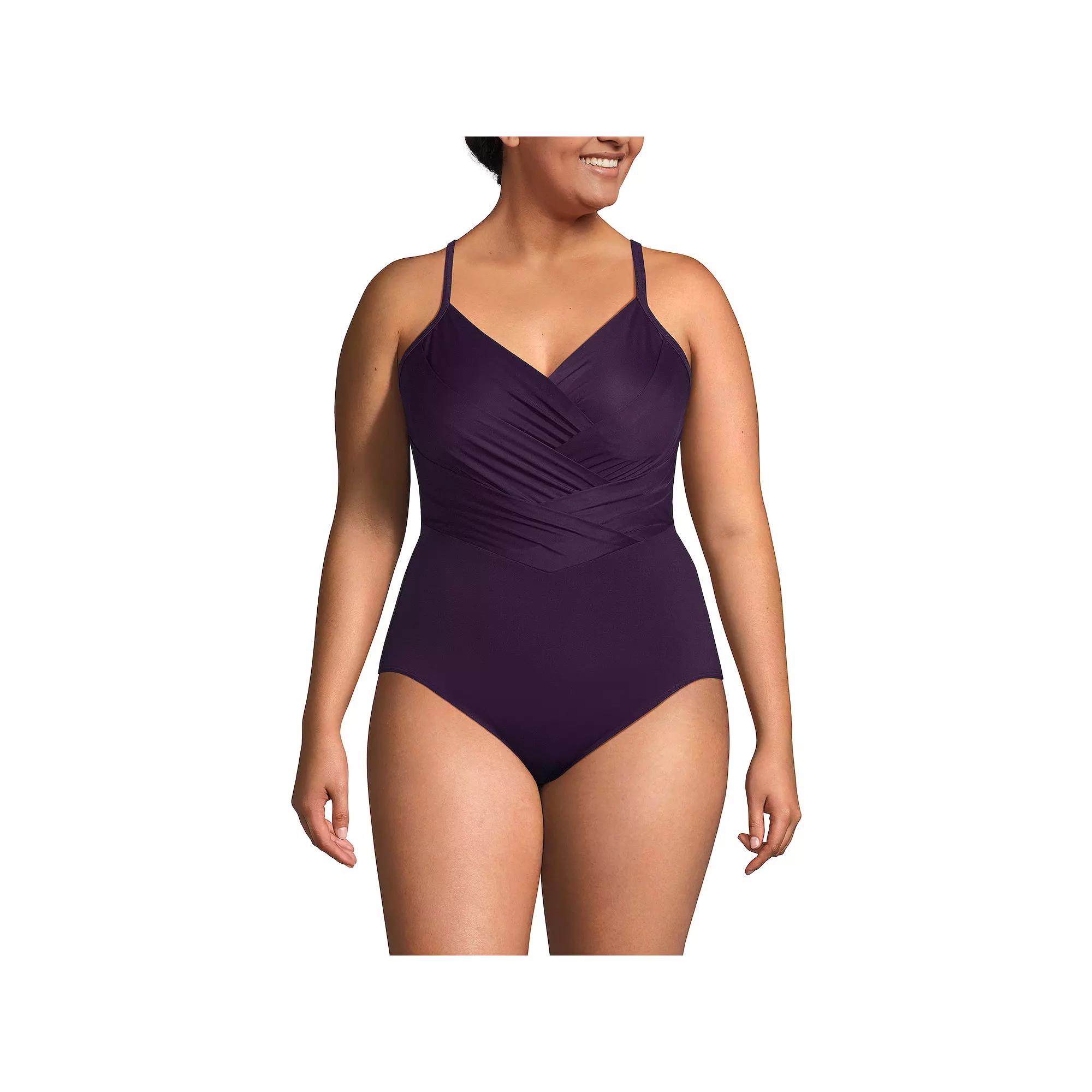 Plus Size Lands End Slender Suit Pleated X-Back One-Piece Swimsuit, Womens Product Image