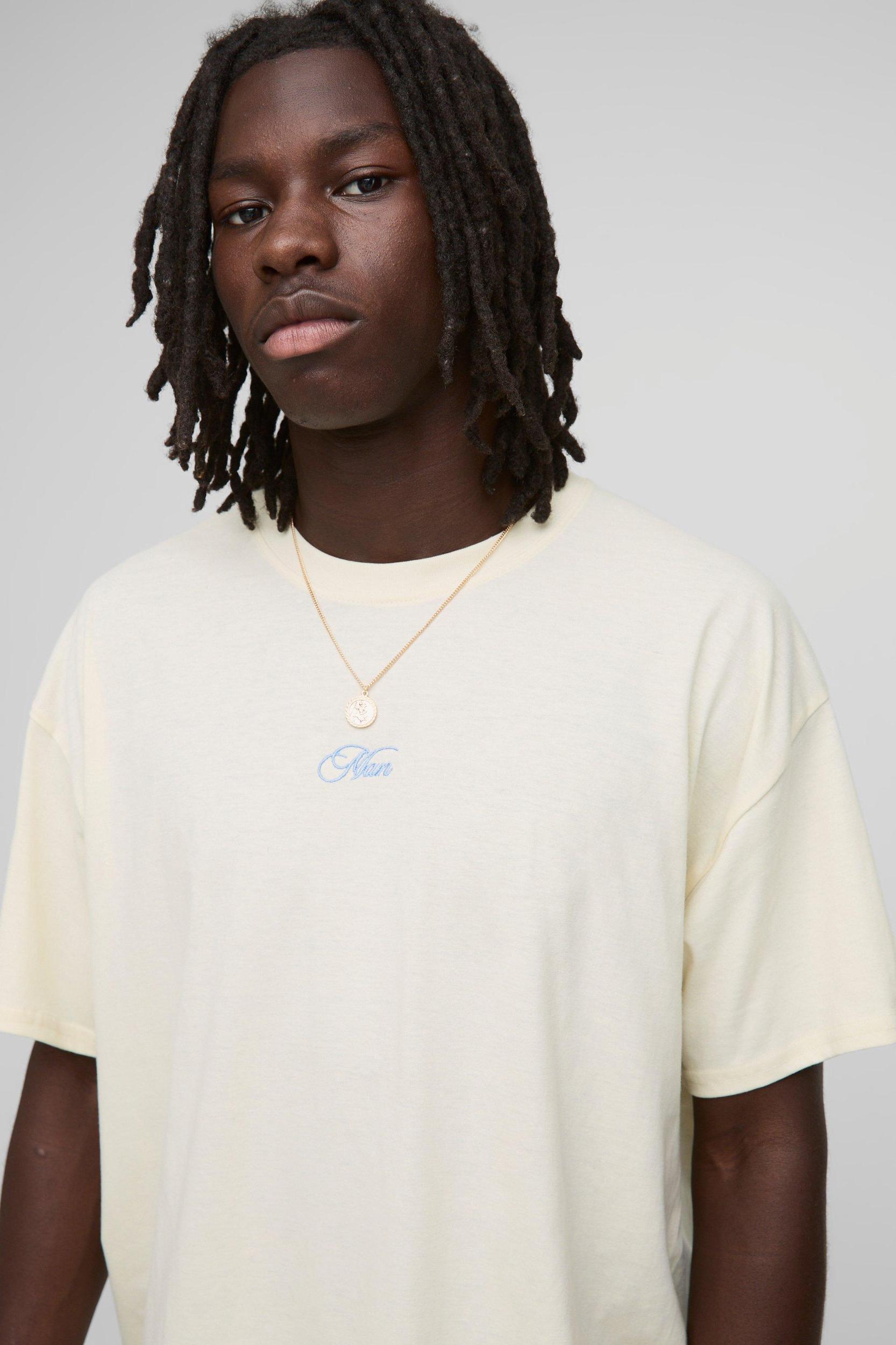 Ecru Oversized Embroidered MAN T-Shirt | boohooMAN USA Product Image