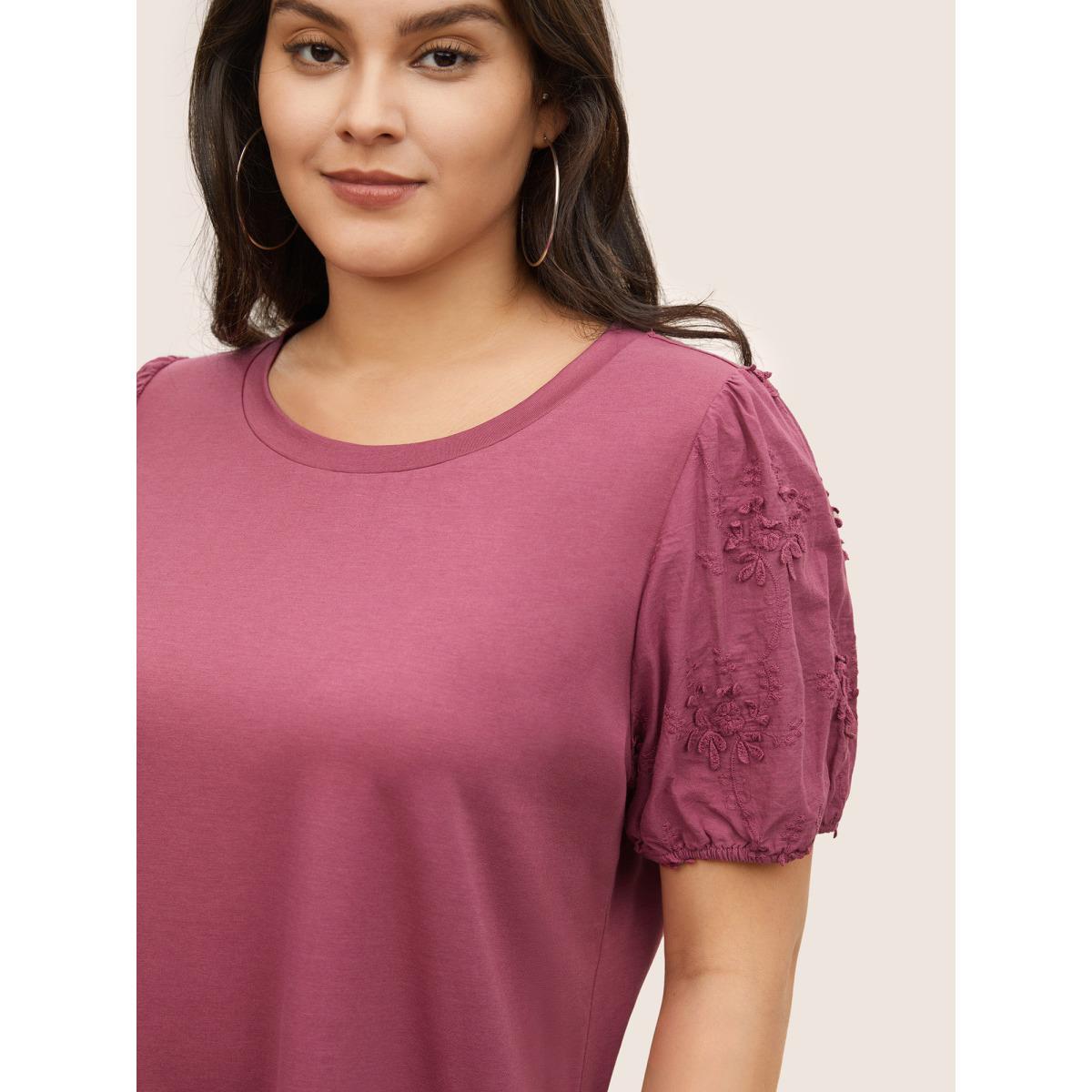 Plus Size Solid Stereo Flower Design Puff Sleeve T-shirt DustyPink Women Elegant Non Plain Round Neck Everyday T-shirts BloomChic 12/L Product Image