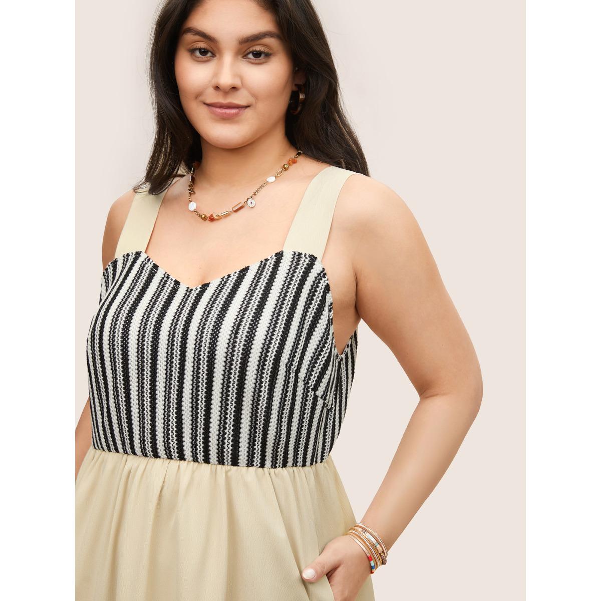 Plus Size Striped Patchwork Ruffle Layered Hem Dress Apricot Women Resort Non V-neck Sleeveless Curvy Midi Dress BloomChic 10/M Product Image
