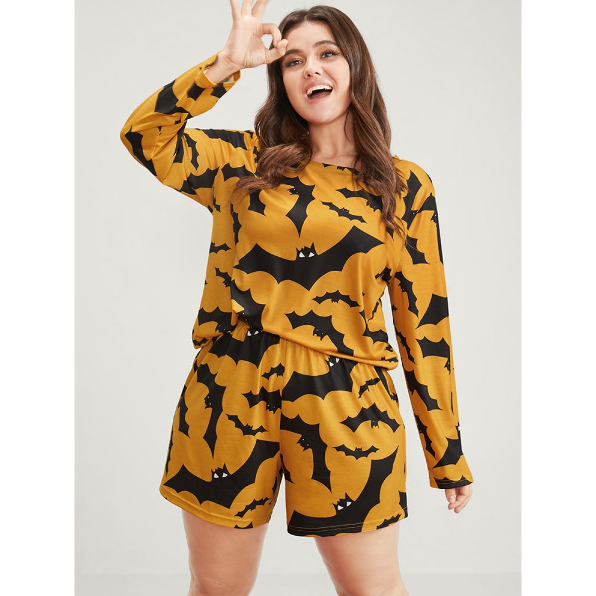 Plus Size Halloween Bat Print Pajama Set Women Orange Graphic-Halloween Printed Long Sleeve Round Neck Casual Loungewear Sets BloomChic 26/4X Product Image