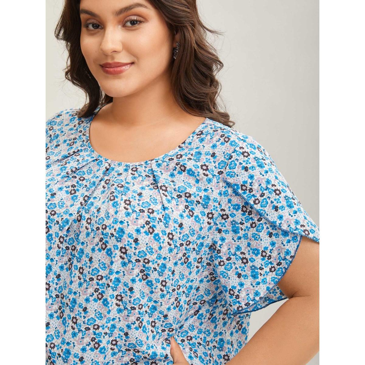 Plus Size Skyblue Floral Print Petal Sleeve Pleated Neck Blouse Women Short sleeve Round Neck Elegant Blouses BloomChic 26/4X Product Image