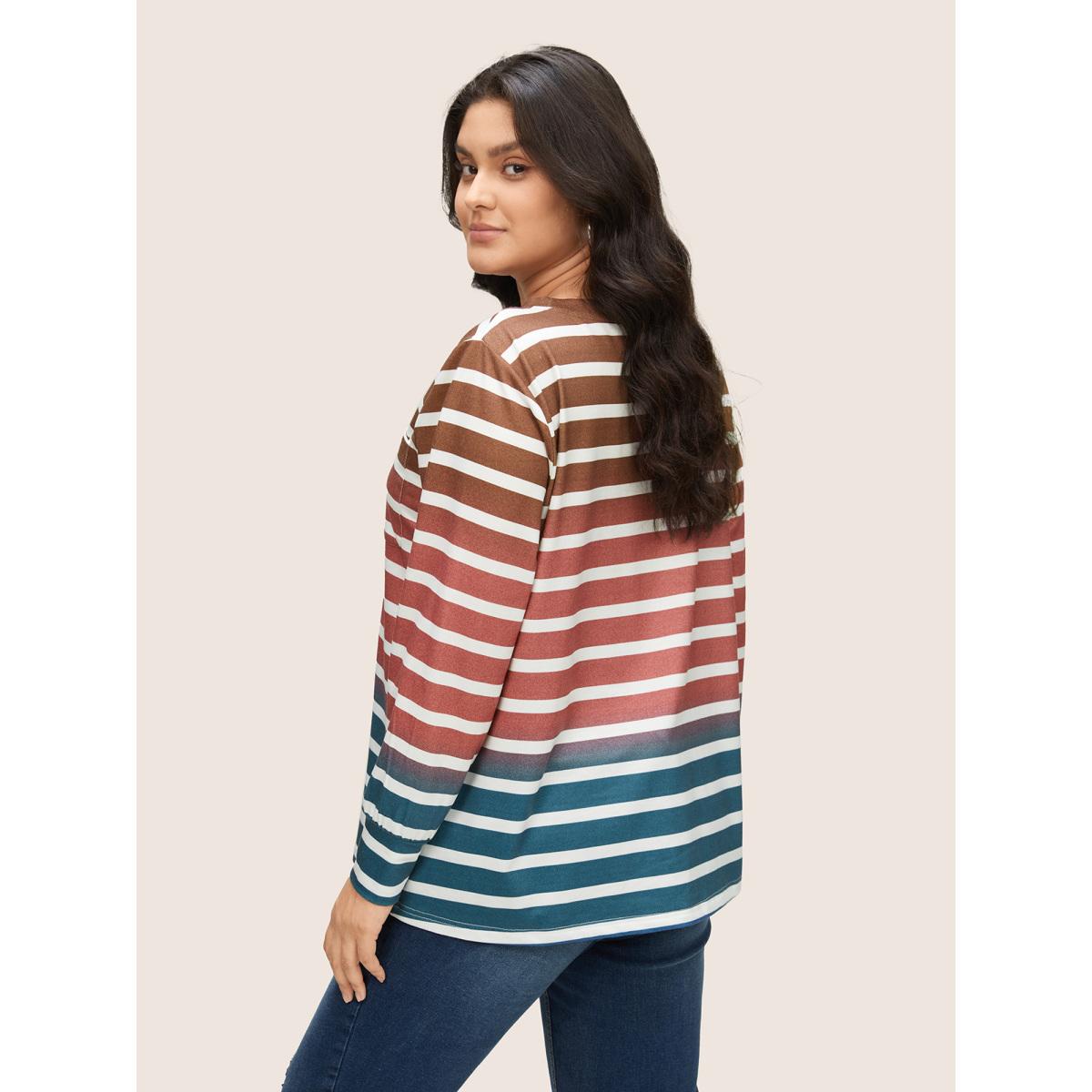 Plus Size Ombre Contrast Striped Patched Pocket Sweatshirt Women Multicolor Casual Non Round Neck Everyday Sweatshirts BloomChic 10/M Product Image