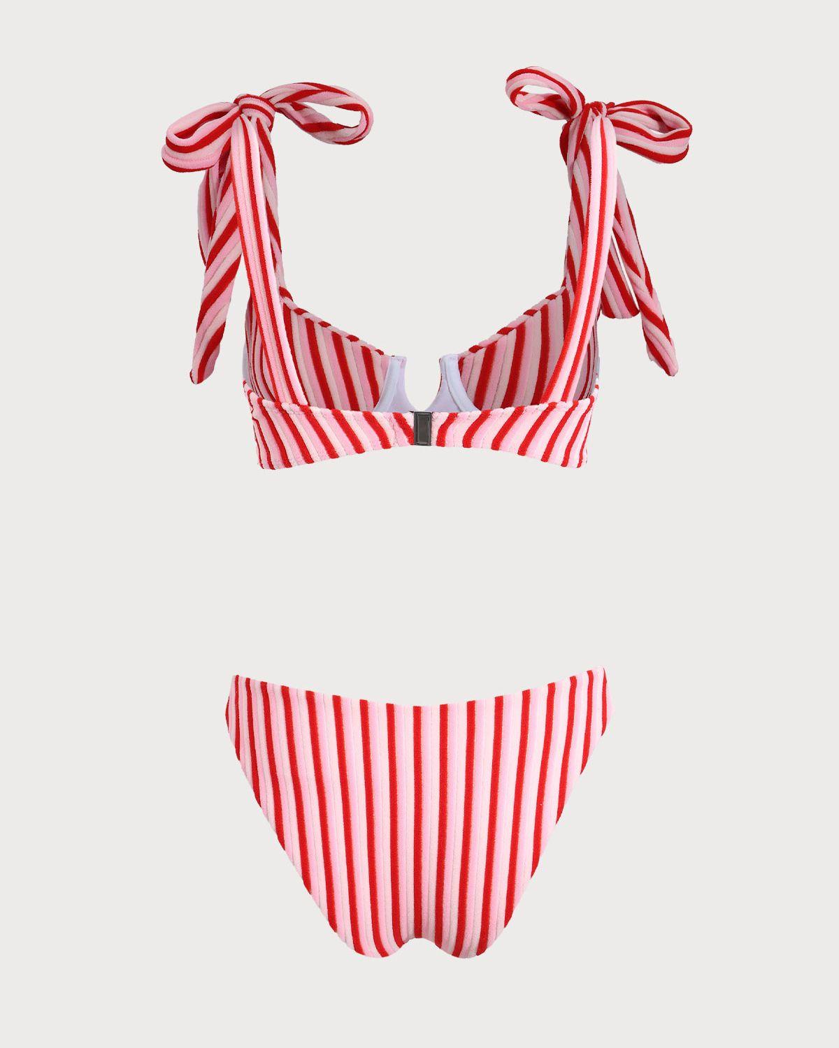 Pink Striped Tie Strap Bikini Set Product Image