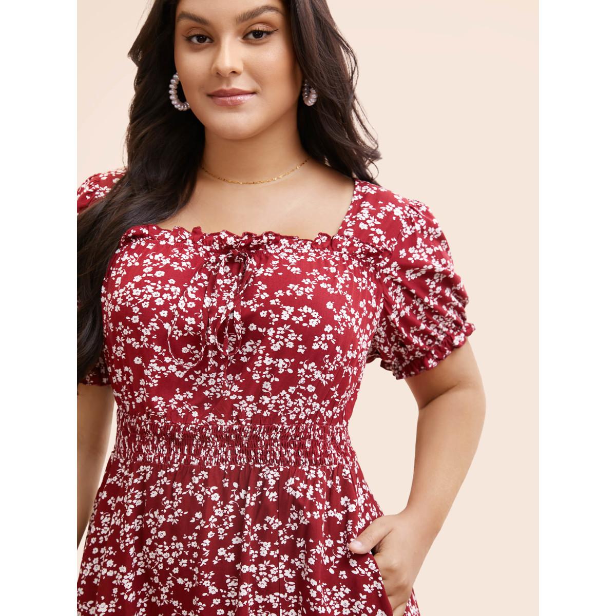 Plus Size Ditsy Floral Split Hem Puff Sleeve Dress Crimson Women Elegant Tie knot Square Neck Short sleeve Curvy BloomChic 26/4X Product Image