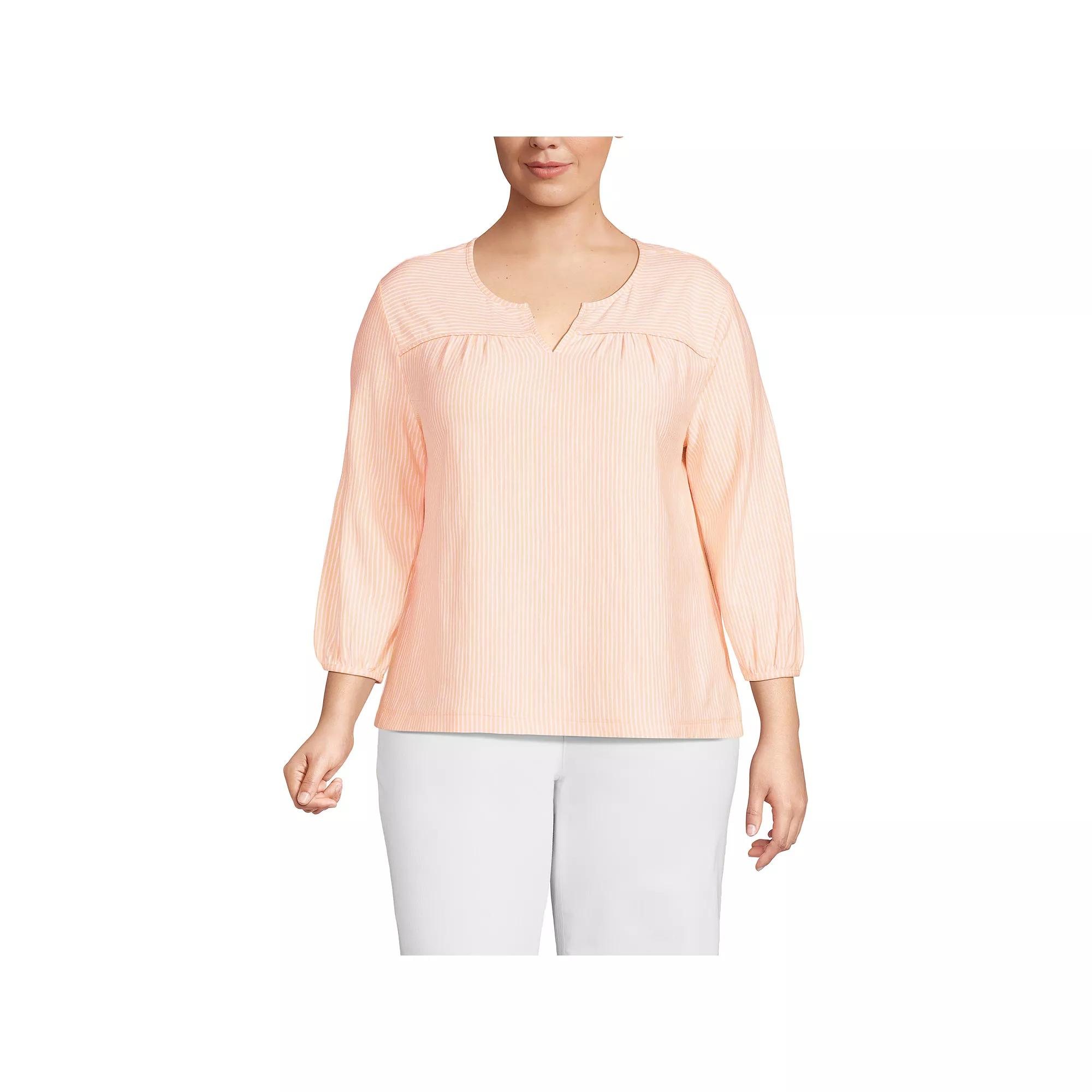 Women's Lands' End Three-Quarter Sleeve Splitneck Slub Top, Size: 1XL, Pink White Stripe Product Image