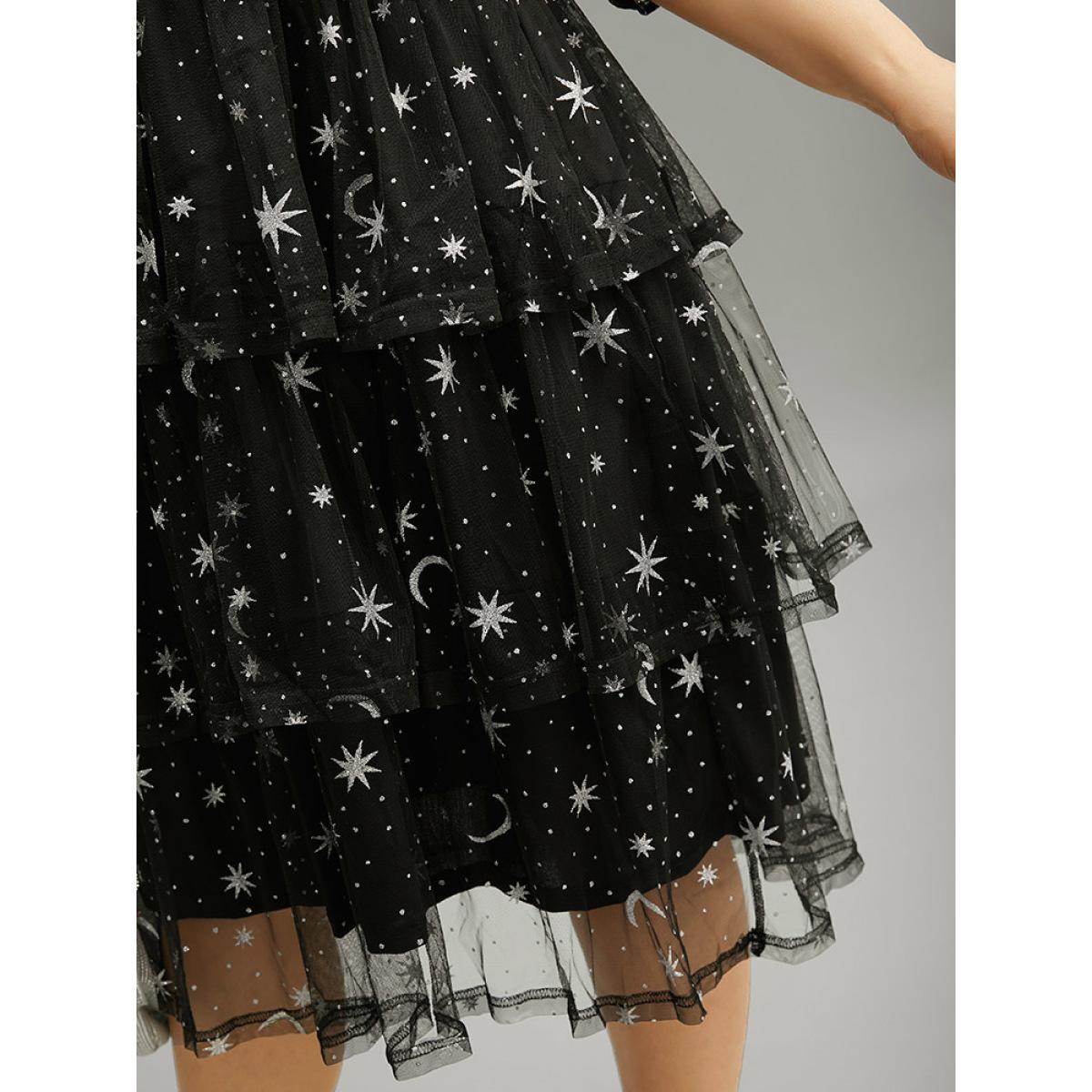 Plus Size Crochet Lace Mesh Moon & Star Dress Black Women Cocktail See through V-neck Elbow-length sleeve Curvy Midi Dress BloomChic 30/6X Product Image