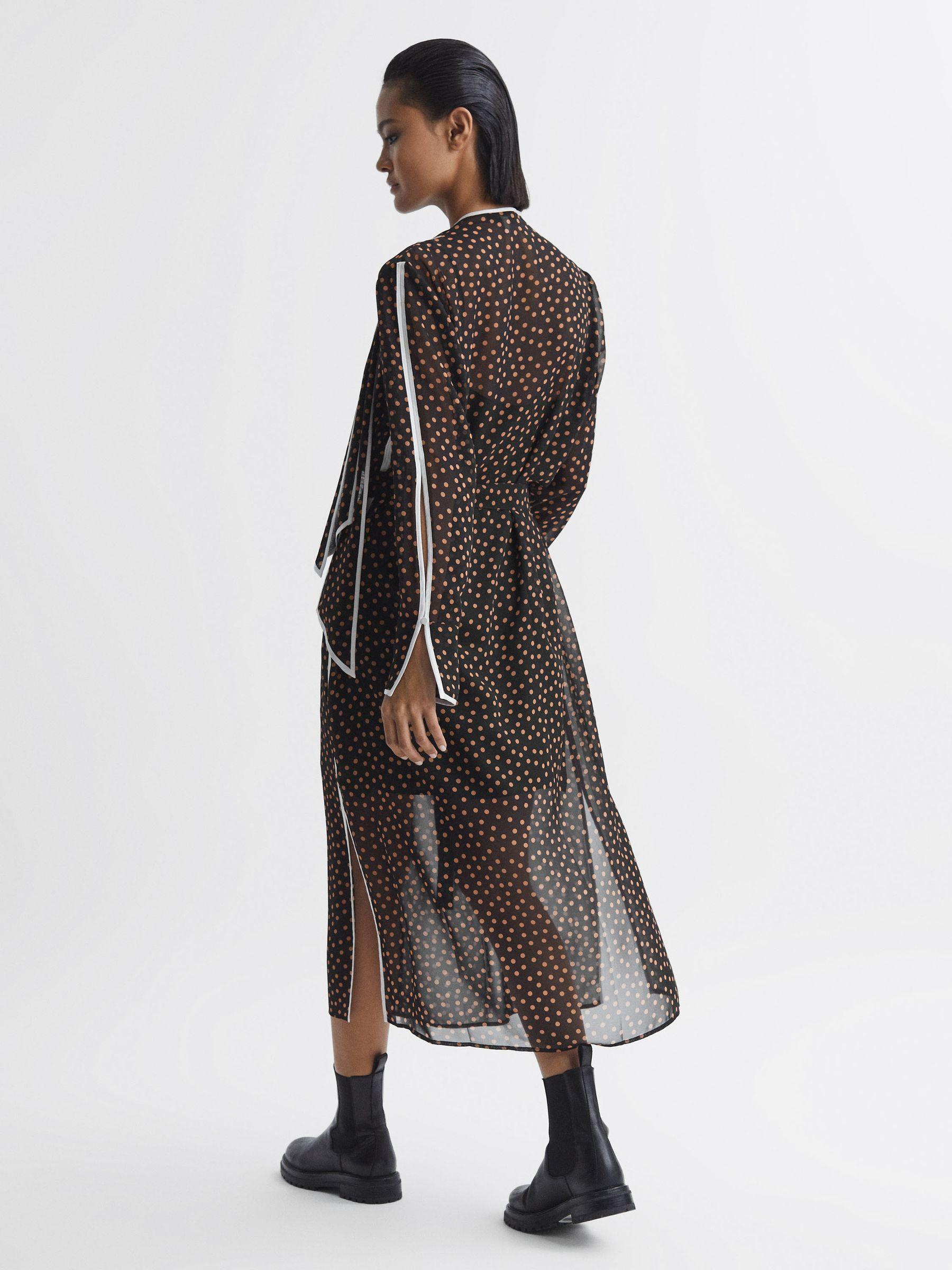 Polka Dot Tie Neck Midi Dress in Black/Brown Product Image