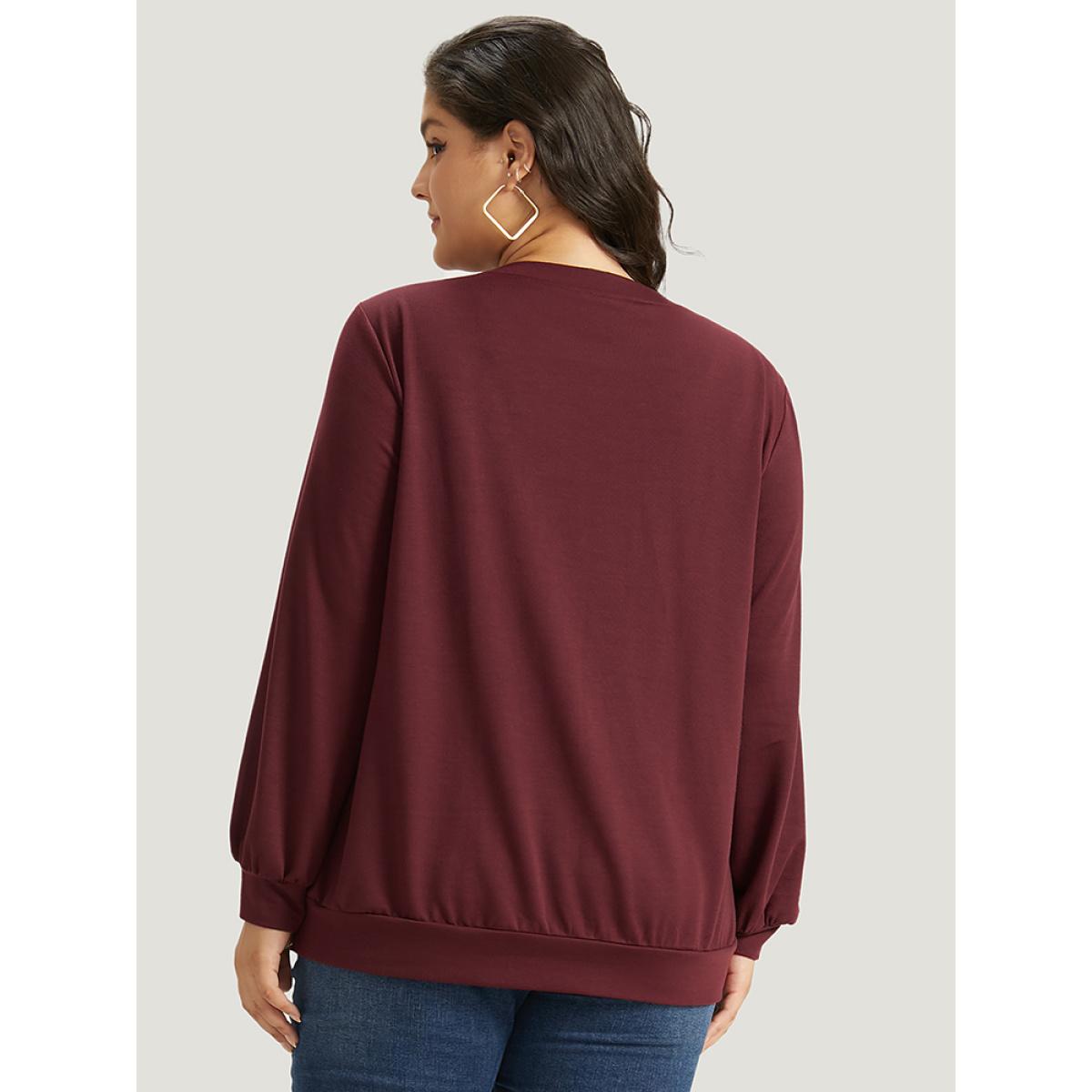 Plus Size Silhouette Floral Print Embroidered Crew Neck Sweatshirt Women Burgundy Casual Elastic cuffs Round Neck Dailywear Sweatshirts BloomChic 12/L Product Image