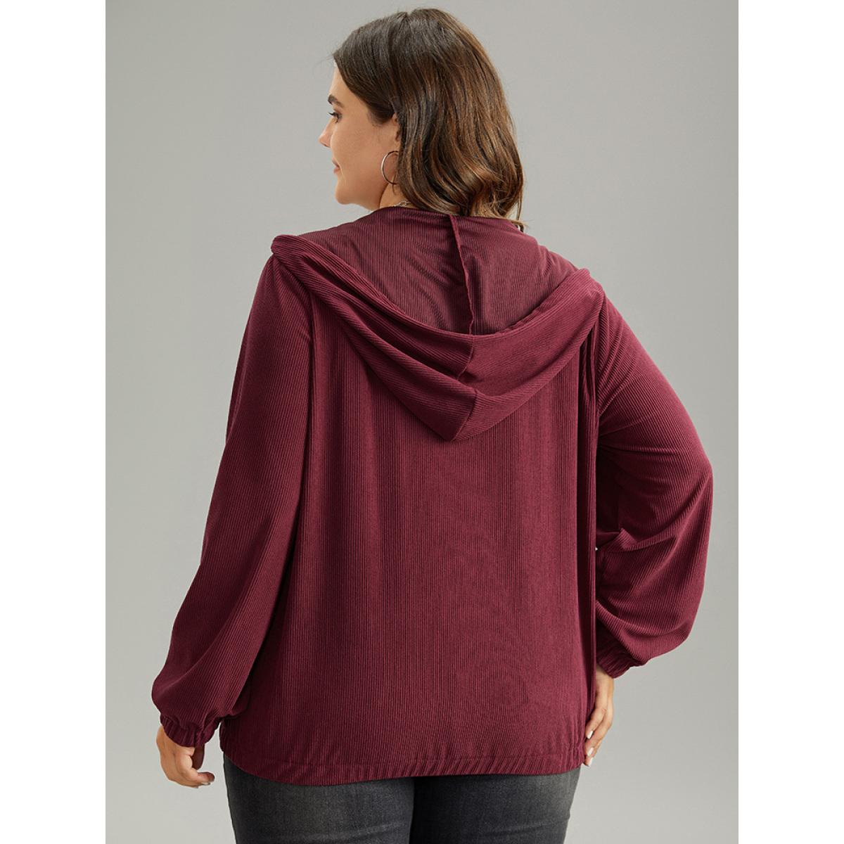 Plus Size Corduroy Hooded Flap Pocket Ties Jacket Women Burgundy Elastic cuffs Pocket Everyday Jackets BloomChic 18-20/2X Product Image