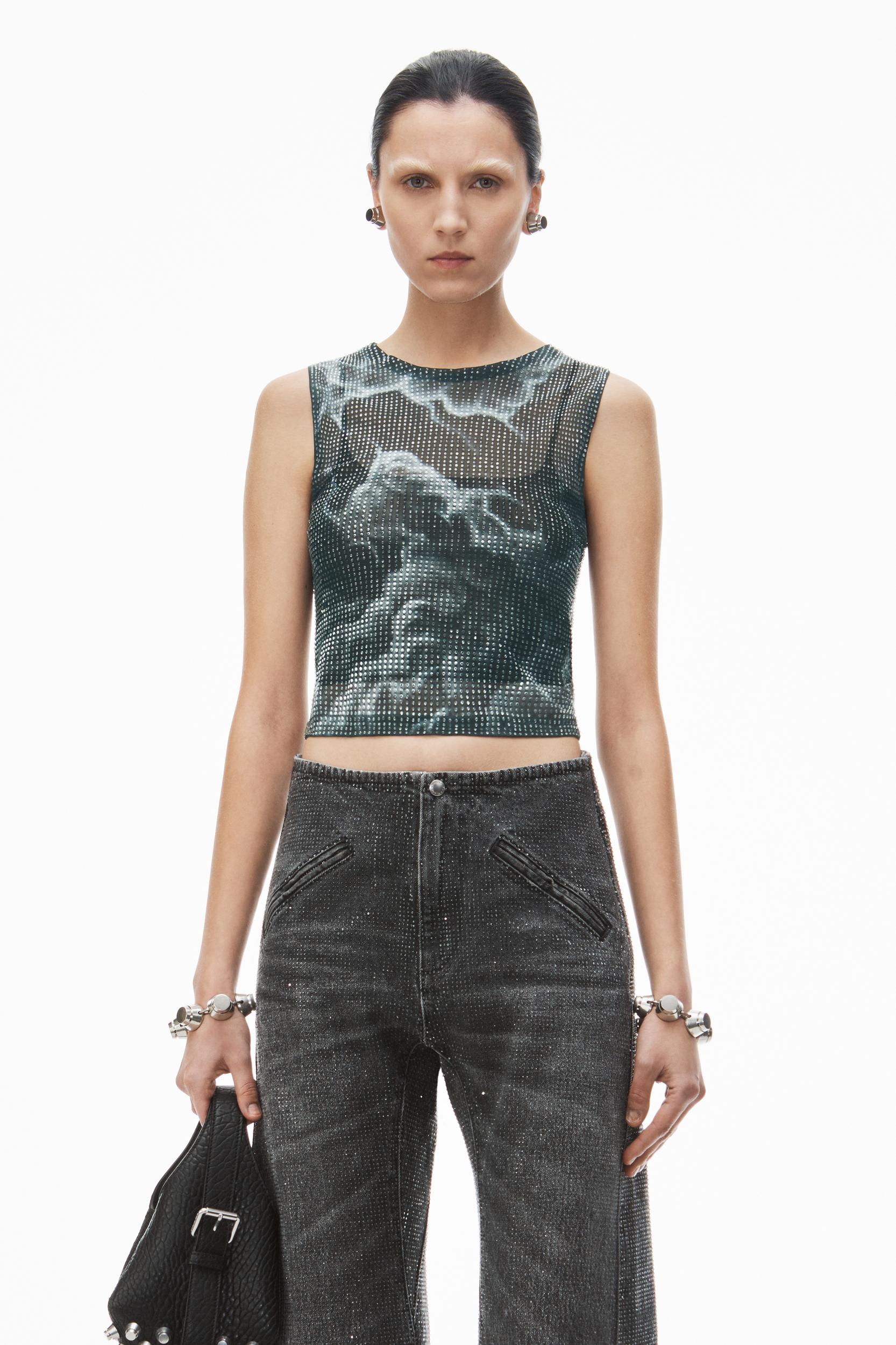Clear Crystal Hotfix Moto Pant In Cotton Denim Product Image