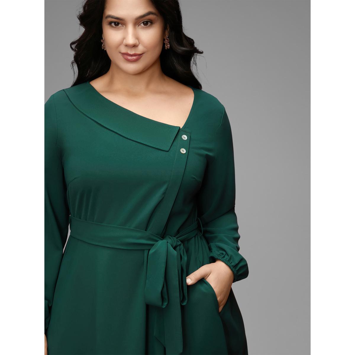 Plus Size Asymmetrical Neckline Waist-Tie Midi Dress DarkSlateGray Women Elegant Belted Party Curvy Bloomchic 26/4X Product Image