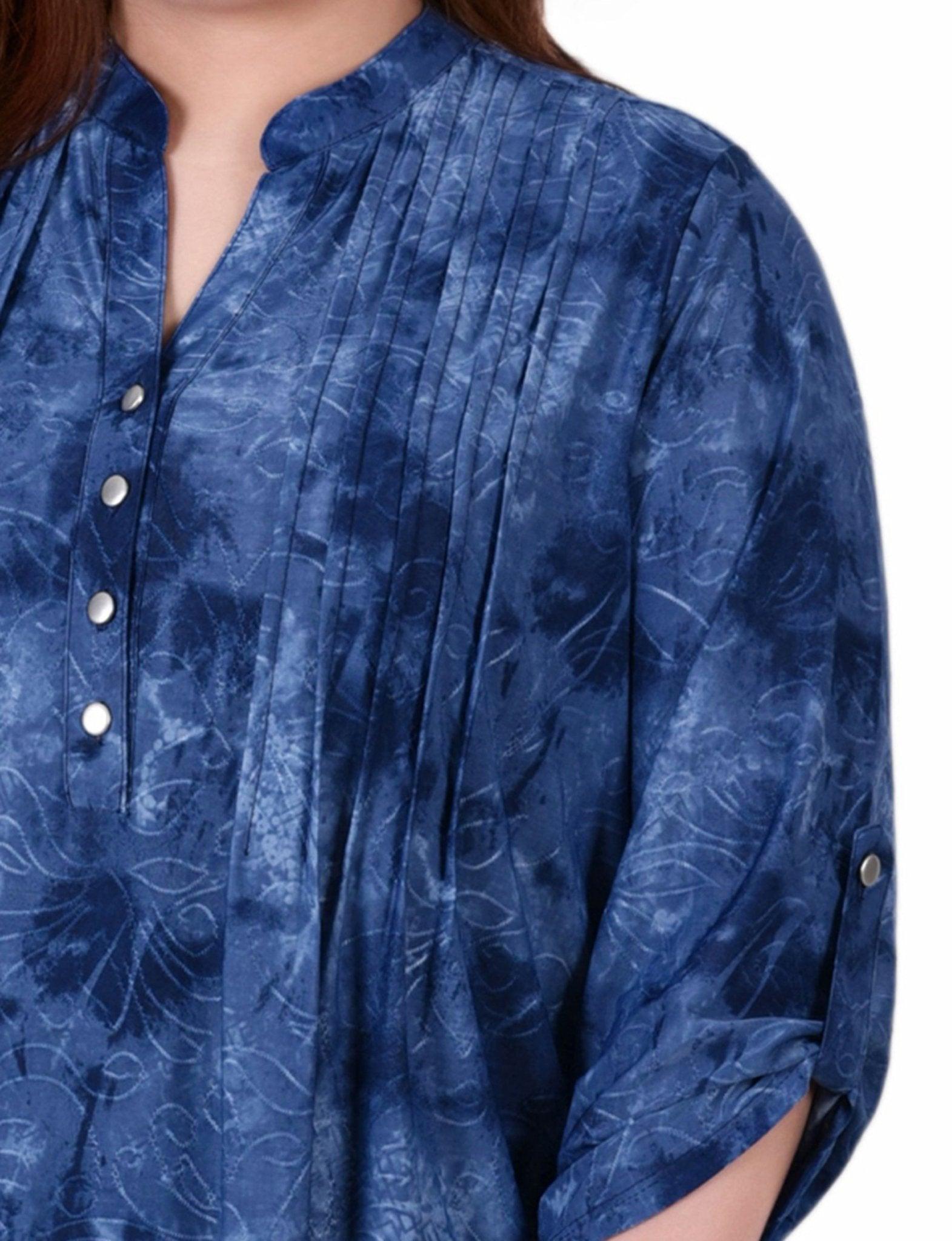 Denim Tie Dye 3/4 Sleeve Roll Tab Y Neck Top - Plus Product Image