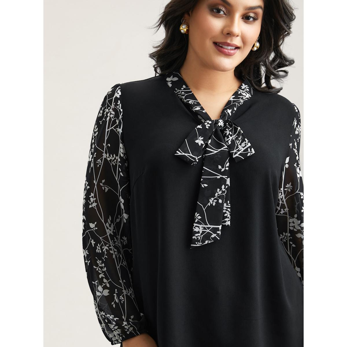 Plus Size Black Floral Patchwork Neck-Tie Blouse Women Elegant Extra Long Sleeve Ribbon-tied collar Everyday Blouses BloomChic 18-20/2X Product Image