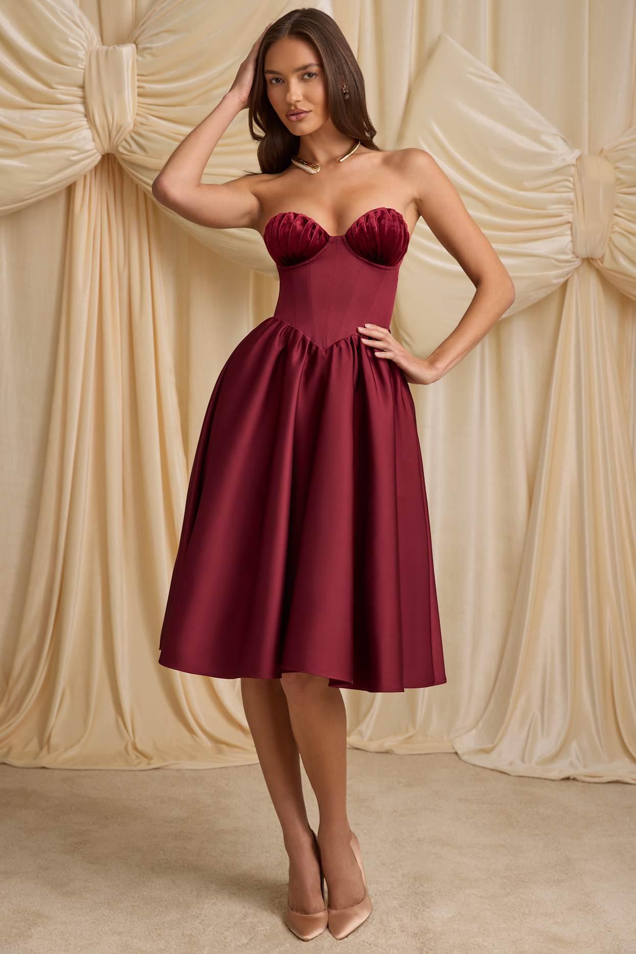 Strapless Corset Midi Dress in Wine Red Product Image
