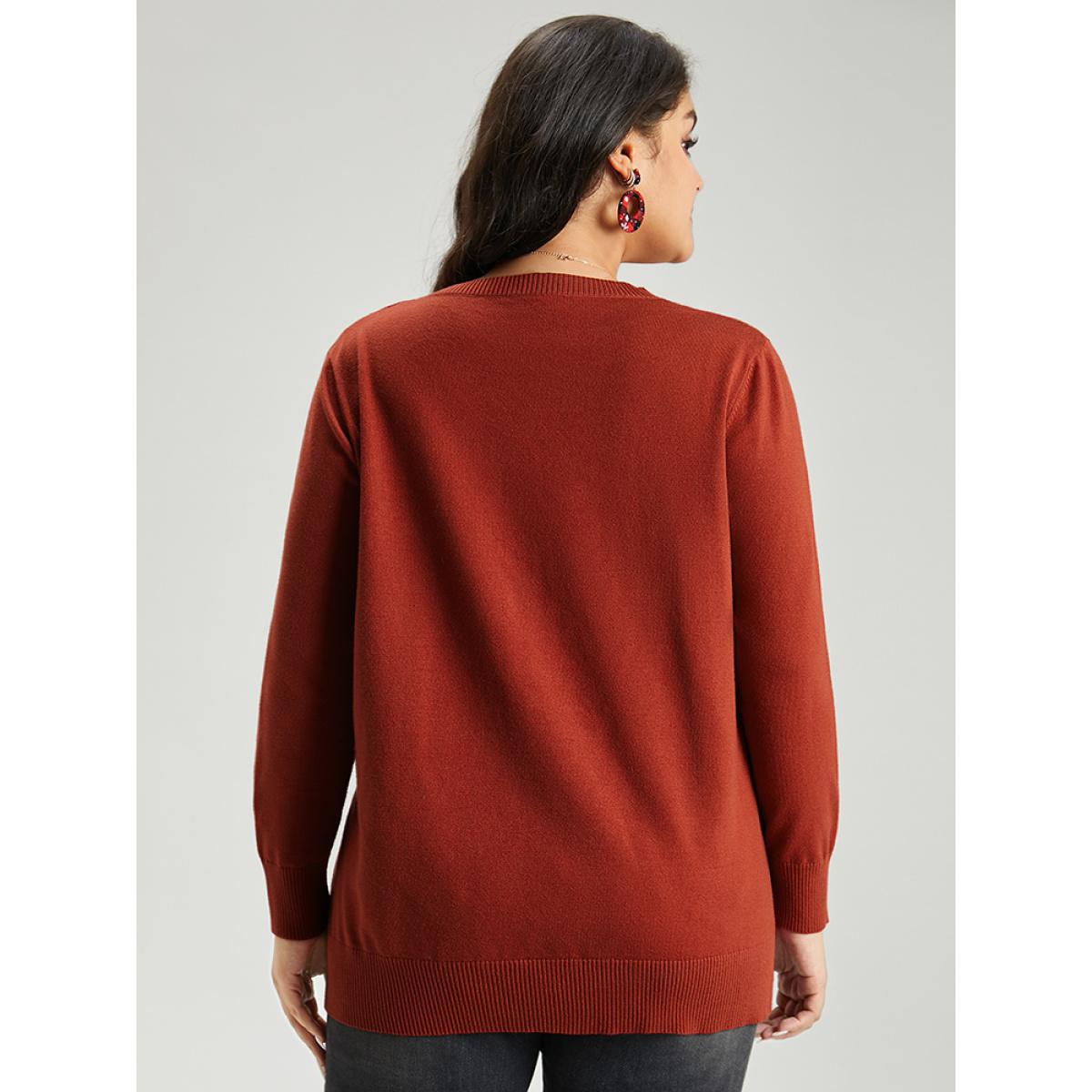 Plus Size Anti-Pilling Christmas Trees & Elk Print Pullover Rust Women Casual Loose Long Sleeve V-neck Festival-Christmas Pullovers BloomChic 28/5X Product Image