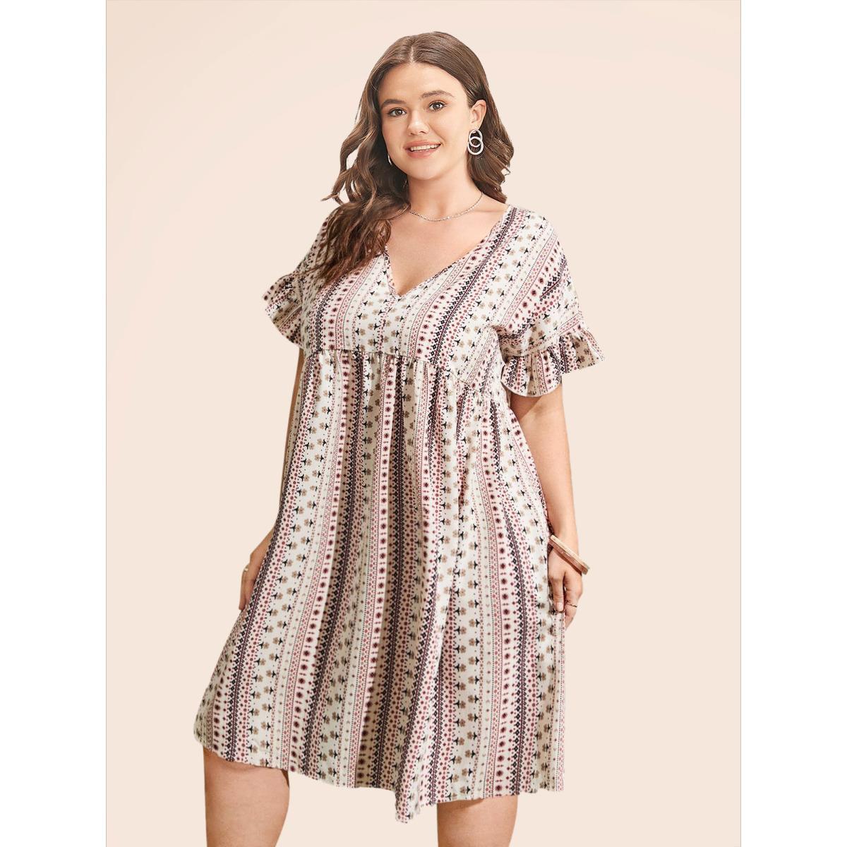 Plus Size Bandana Print Pocket V Neck Ruffle Sleeve Dress Beige Women Vacation Printed V-neck Short sleeve Curvy Midi Dress BloomChic 18-20/2X Product Image