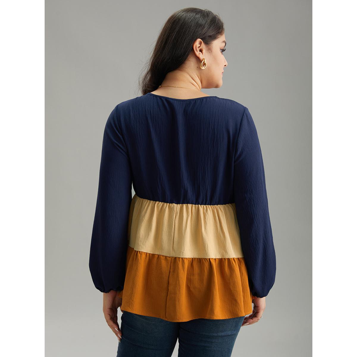 Plus Size Multicolor Colorblock Contrast Gathered Ruffle Layered Hem Blouse Women Elegant Long Sleeve Round Neck Dailywear Blouses BloomChic 10/M Product Image