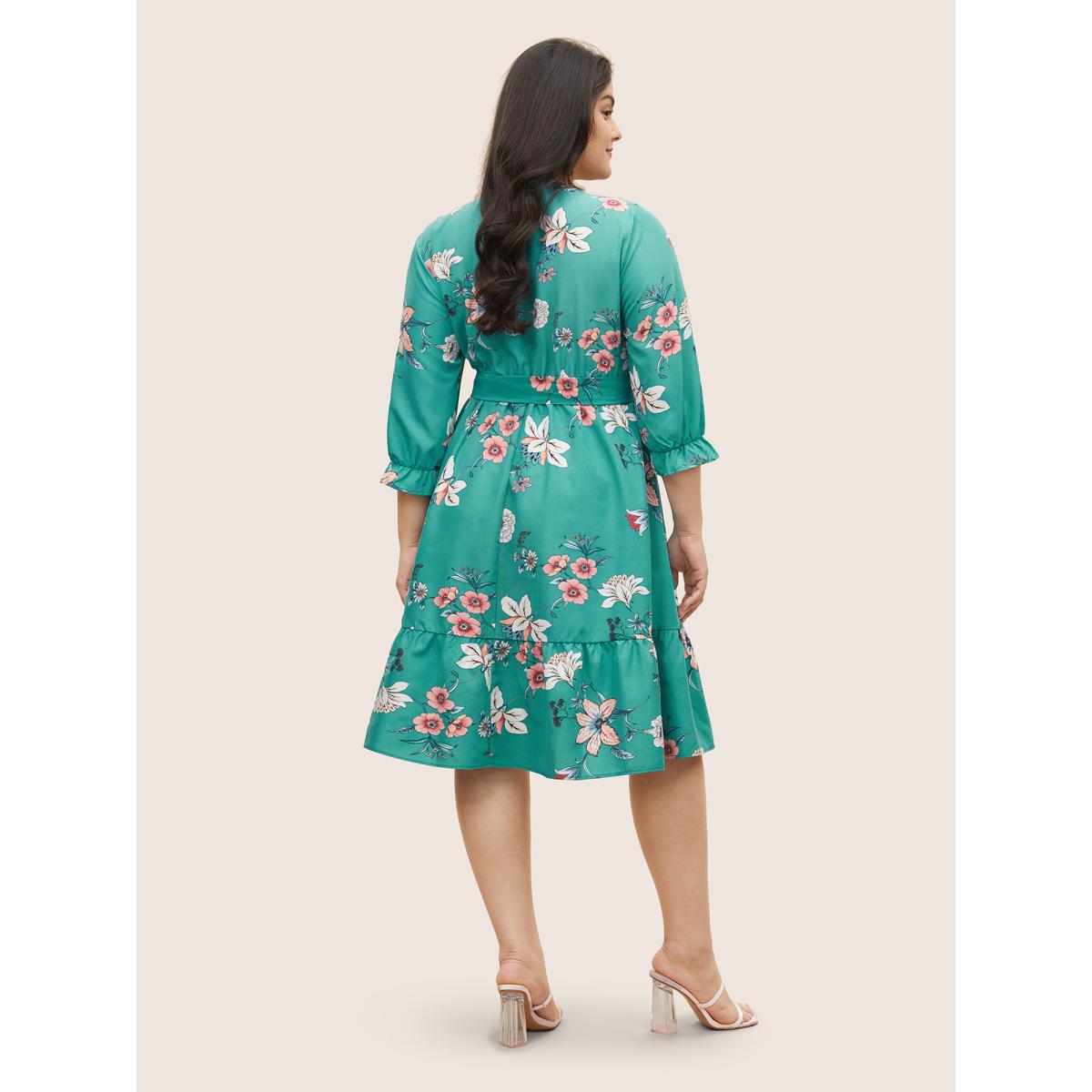 Plus Size Floral Print Shirred Front Ruffle Sleeve Dress Turquoise Women Elegant Non V-neck Elbow-length sleeve Curvy Midi Dress BloomChic 10/M Product Image