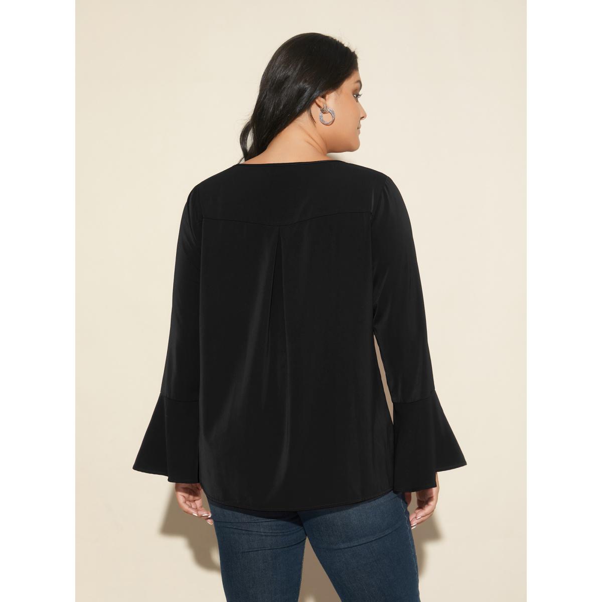 Plus Size Black Beaded Embellished Bell Sleeves Blouse Women Cocktail Long Sleeve Round Neck Party Blouses BloomChic 18-20/2X Product Image
