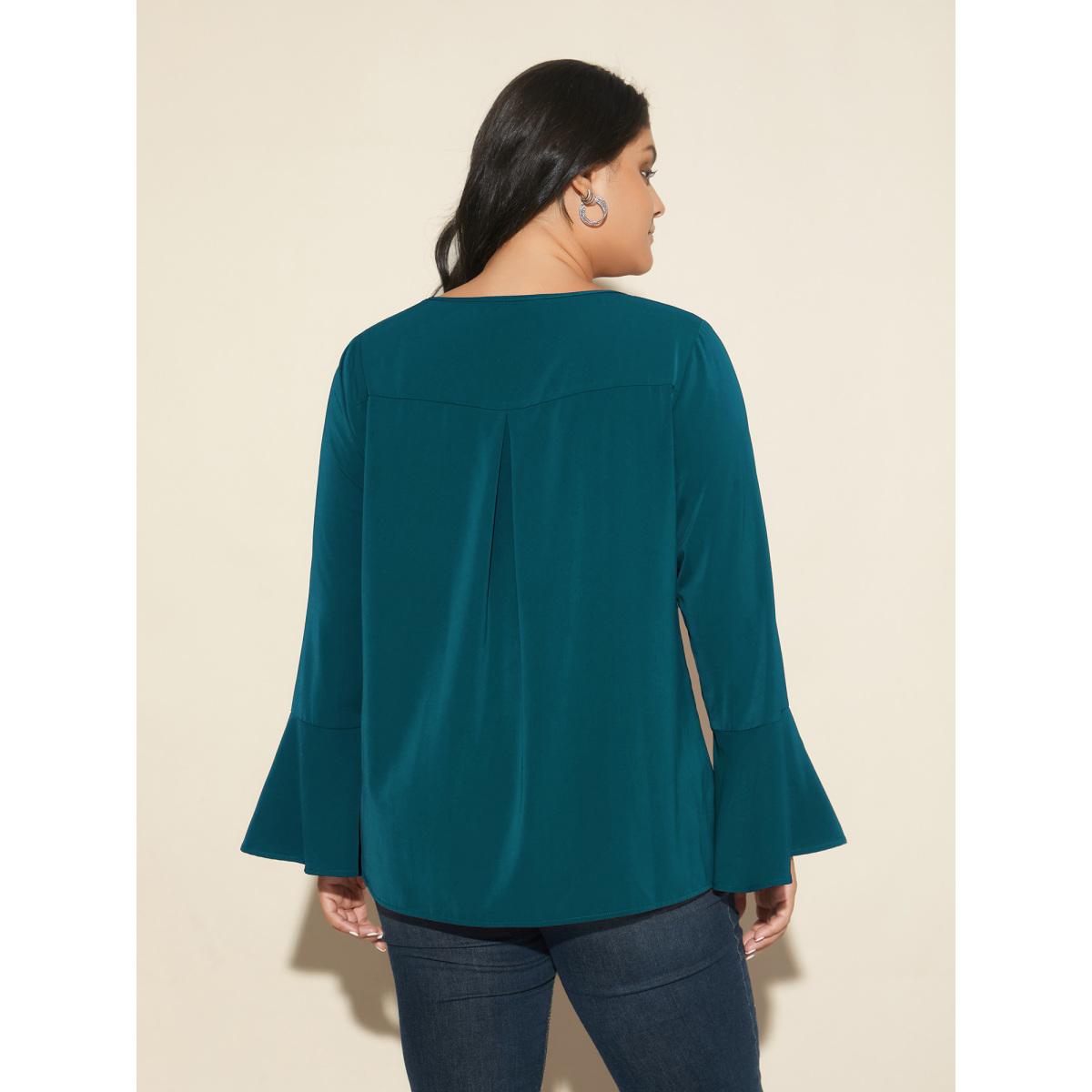 Plus Size Black Beaded Embellished Bell Sleeves Blouse Women Cocktail Long Sleeve Round Neck Party Blouses BloomChic 18-20/2X Product Image