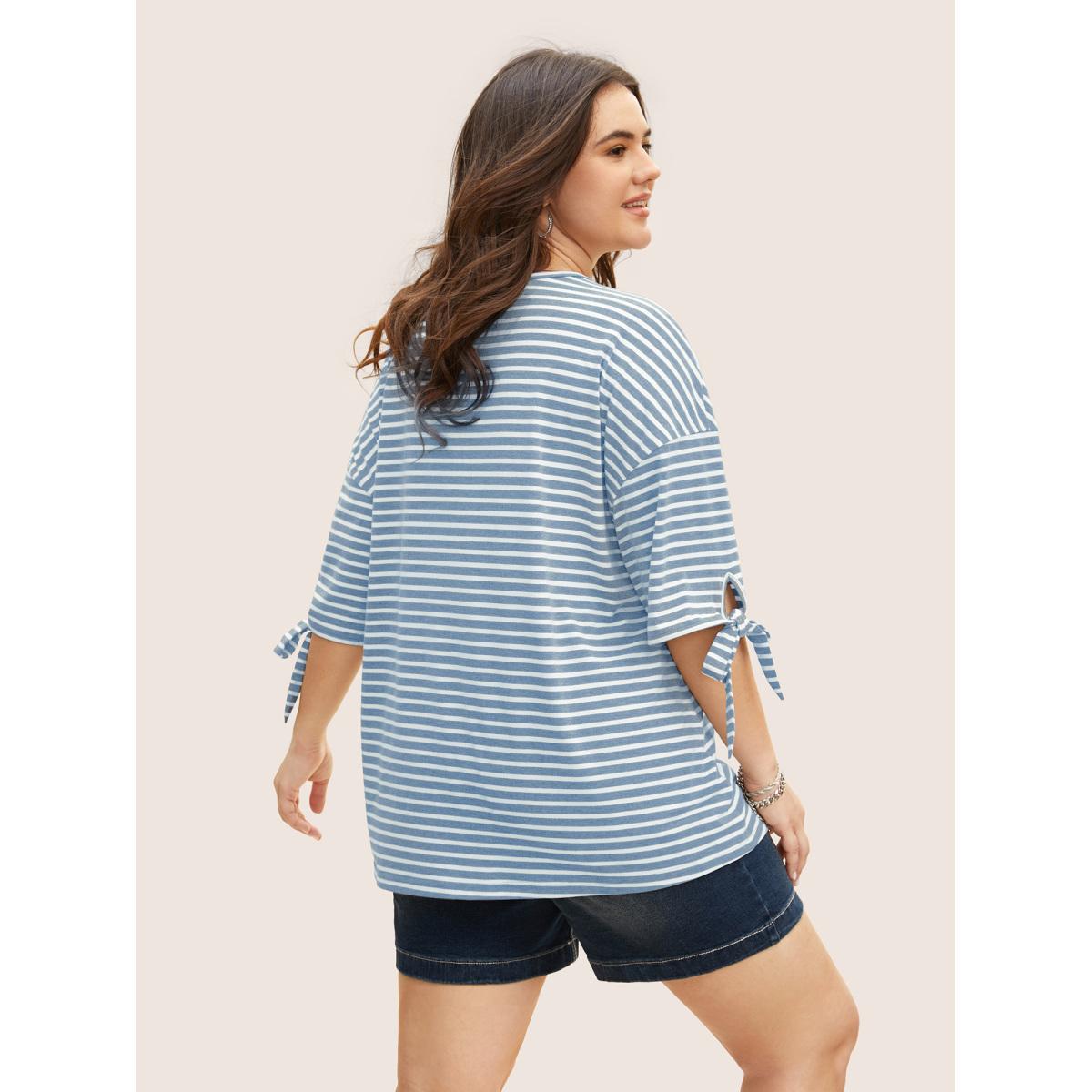 Plus Size Striped Boat Neck Tie Knot T-shirt Stone Women Casual Tie knot Boat Neck Everyday T-shirts BloomChic 28/5X Product Image