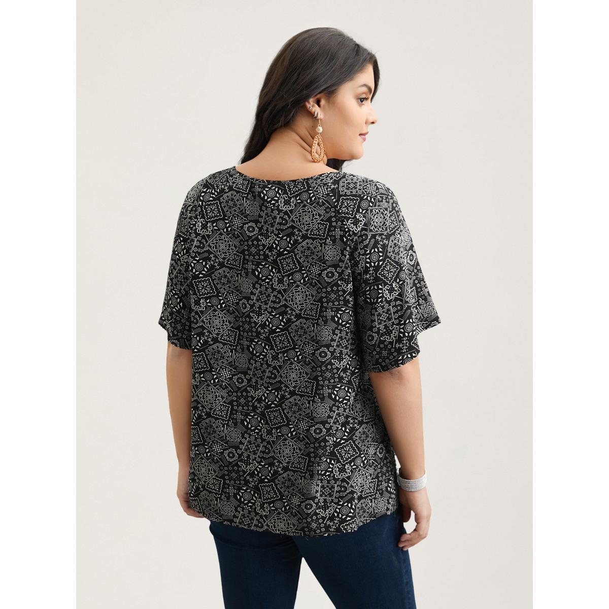 Plus Size Black Boho Print Neck-Tie Blouse Women Resort Short sleeve Ribbon-tied collar Vacation Blouses BloomChic 10/M Product Image