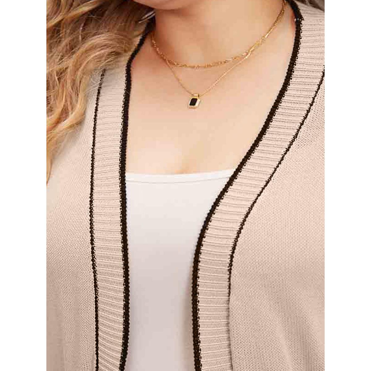 Plus Size Contrast Trim Patched Pocket Drop Shoulder Cardigan Champagne Women Casual Loose Long Sleeve Everyday Cardigans BloomChic 28/5X Product Image