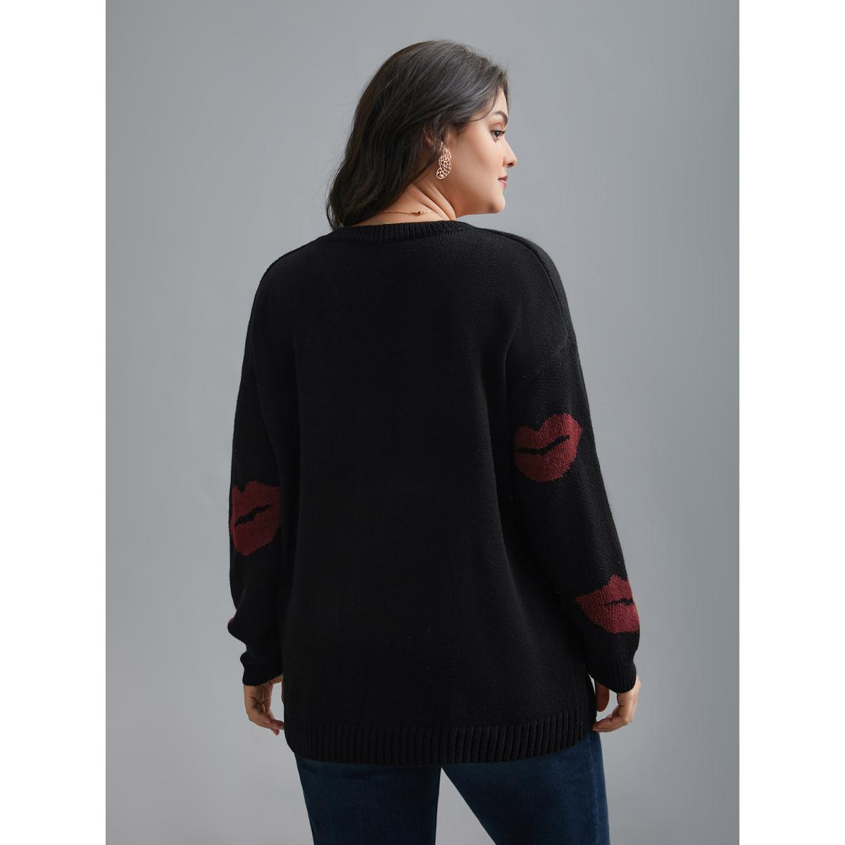 Plus Size Lip Print Contrast Knit Pullover Black Women Casual Loose Long Sleeve V-neck Everyday Pullovers BloomChic 14-16/1X Product Image