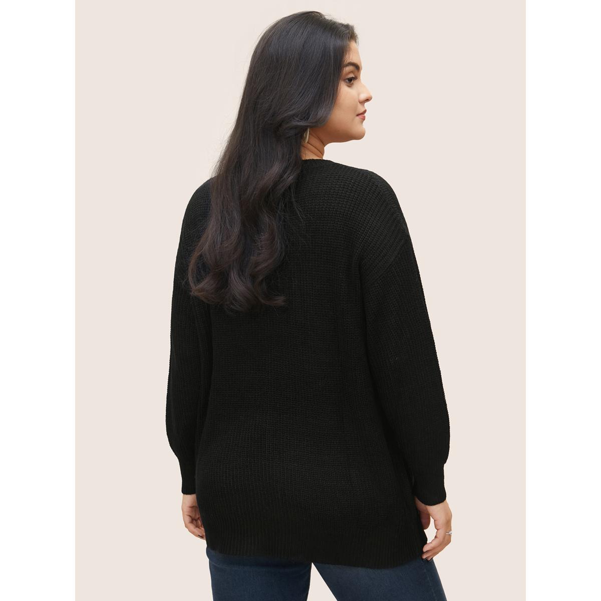 Plus Size Plain Round Neck Hollow Out Drop Shoulder Pullover Black Women Casual Loose Long Sleeve Round Neck Dailywear Pullovers BloomChic 28/5X Product Image