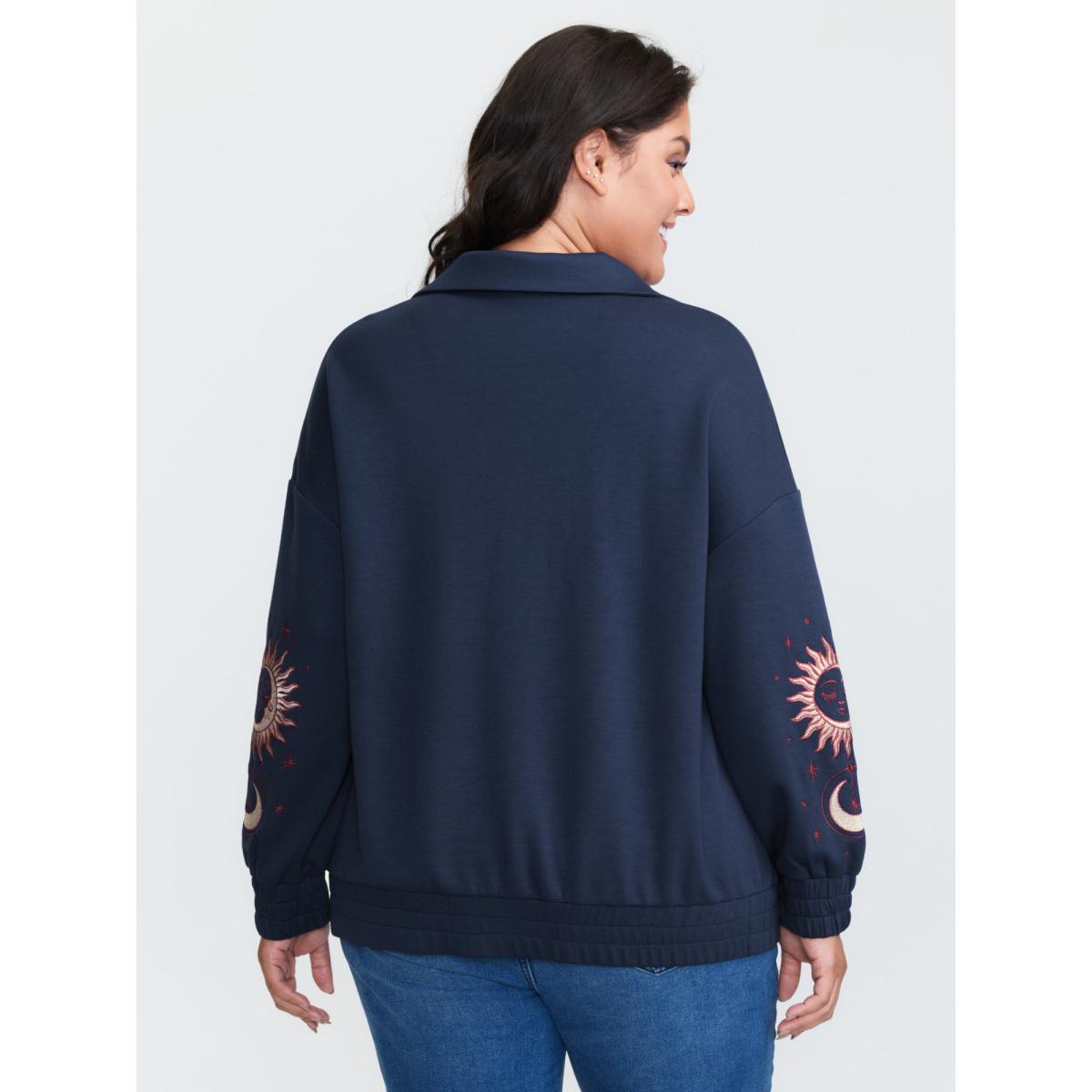 Plus Size Supersoft Embroidered Half-Zip Sweatshirt Women Navy Leisure Embroidered Lapel Collar Casual Sweatshirts BloomChic 22-24/3X Product Image
