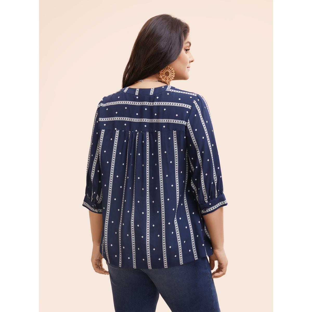 Plus Size Indigo Striped Geometric Notched Gathered Blouse Women Resort Elbow-length sleeve Notched collar Vacation Blouses BloomChic 22-24/3X Product Image