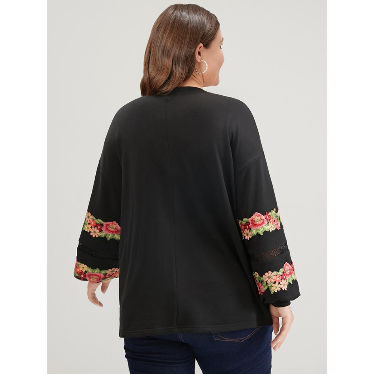 Plus Size Solid Floral Embroidered Contrast Lace Sweatshirt Women Black Elegant Patchwork Round Neck Dailywear Sweatshirts BloomChic 14-16/1X Product Image