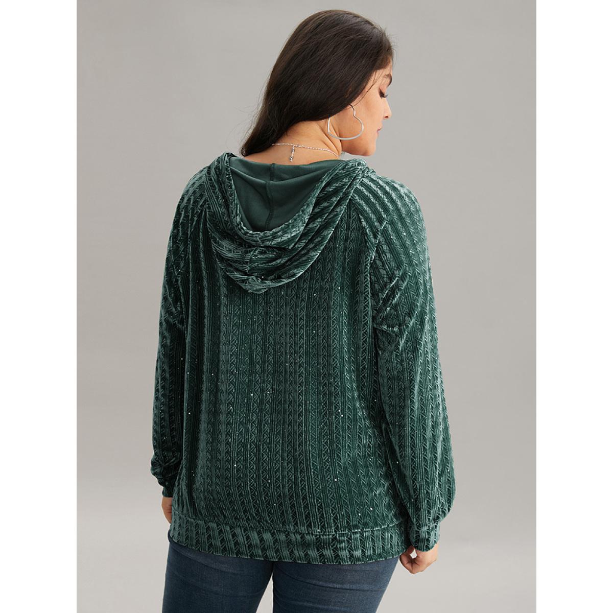 Plus Size Textured Sequin Velvet Half Zip Pocket Sweatshirt Women Green Casual Velvet Hooded Everyday Sweatshirts BloomChic 28/5X Product Image