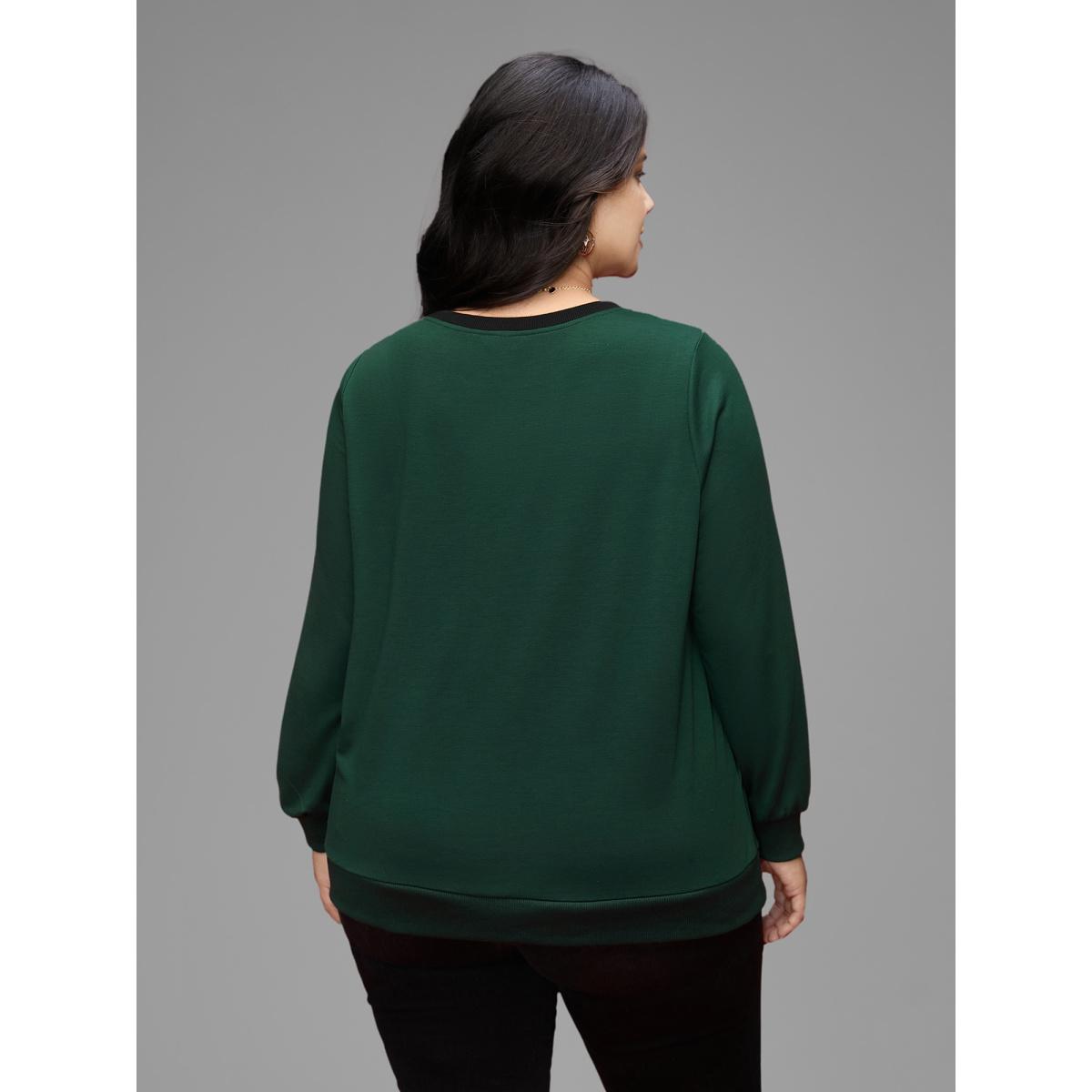 Plus Size Bow-tie Detailing High Neck Sweatshirt Women DarkGreen Leisure Contrast Round Neck Casual Sweatshirts BloomChic 14-16/1X Product Image