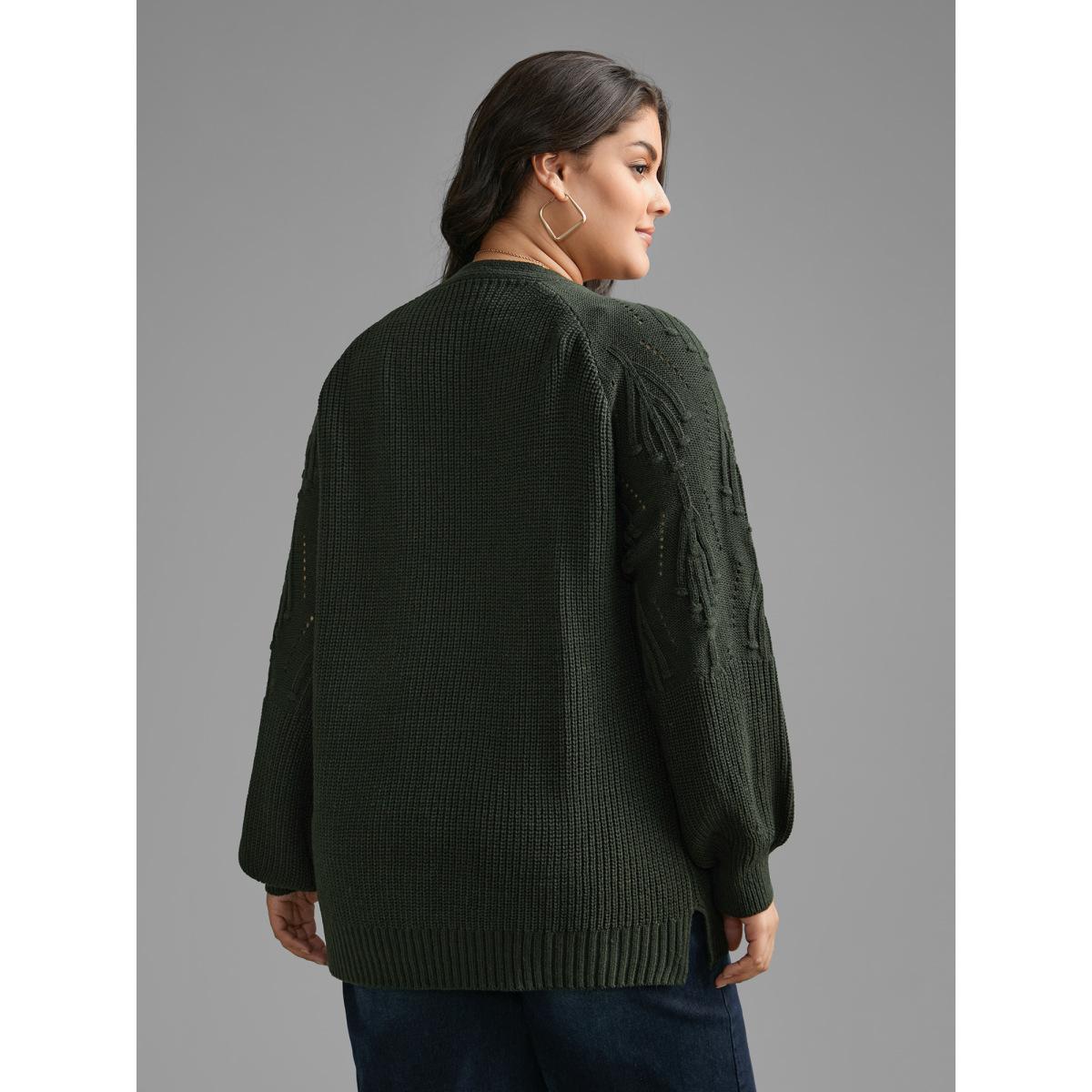 Plus Size Textured Lantern Sleeve Split Hem Cardigan DarkGreen Women Casual Loose Long Sleeve Everyday Cardigans BloomChic 12/L Product Image